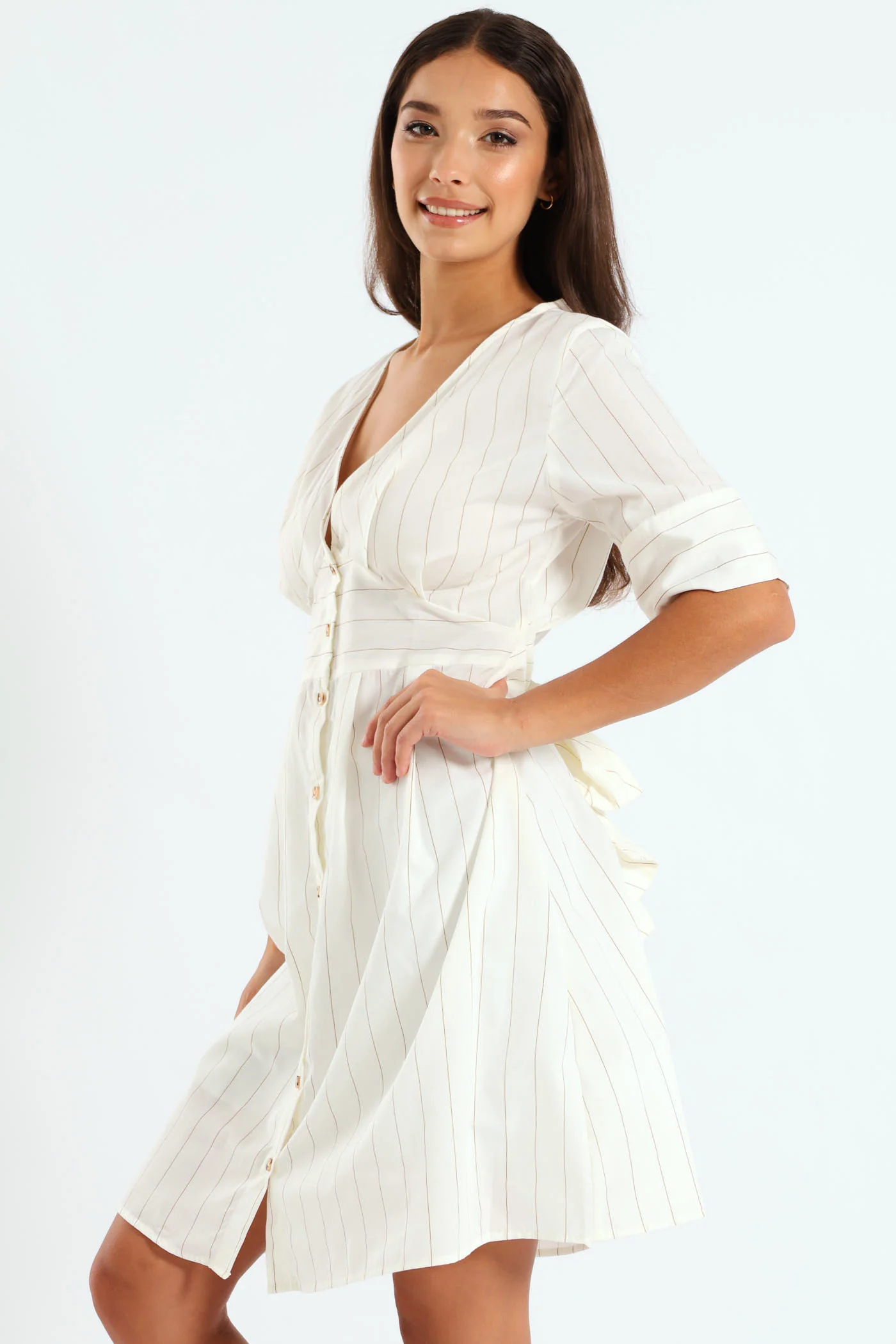 Short Sleeve Stripe Poplin Mini Dress - Stone - Image 3