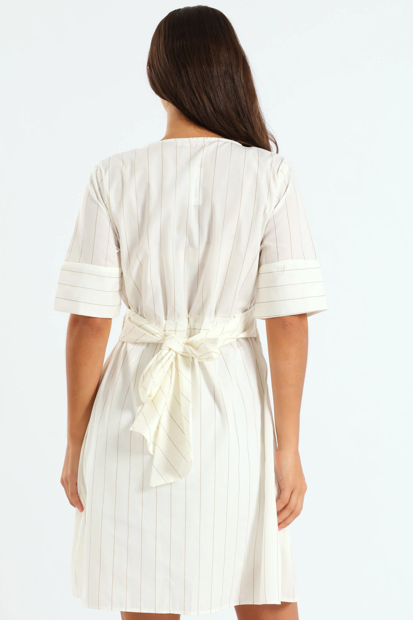 Short Sleeve Stripe Poplin Mini Dress - Stone - Image 4