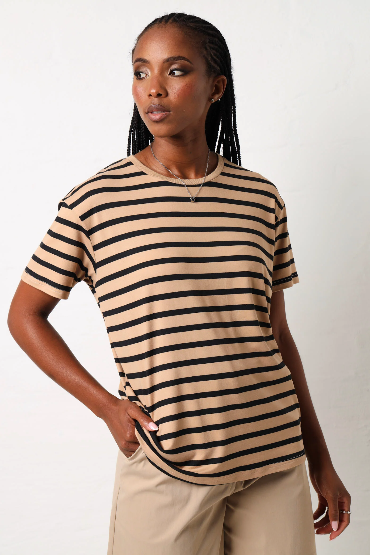 Short Sleeve Stripe Tee - Beige/Black