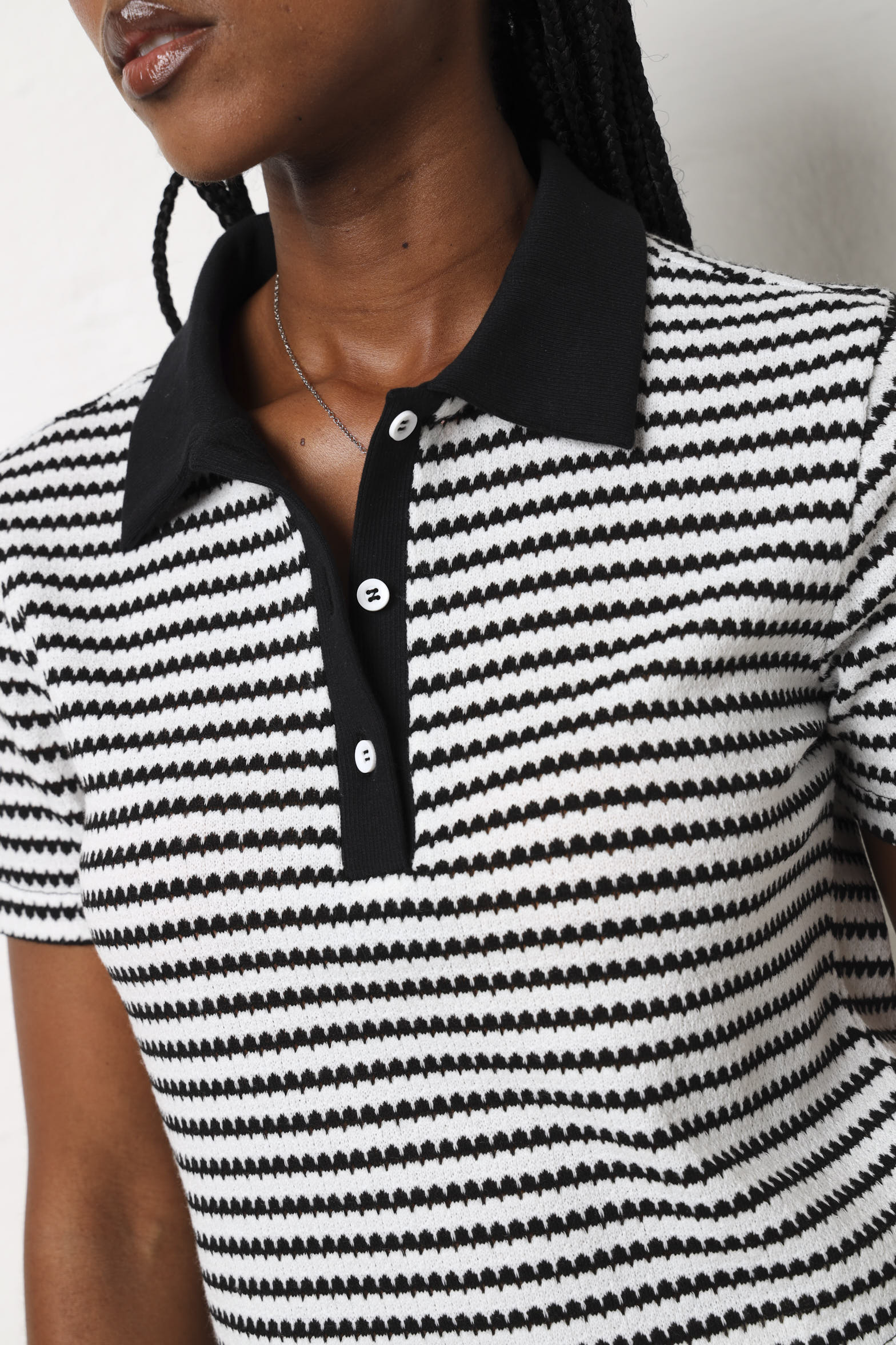 Short Sleeve Textured Knit Stripe Golfer - Black/Cream - Image 3