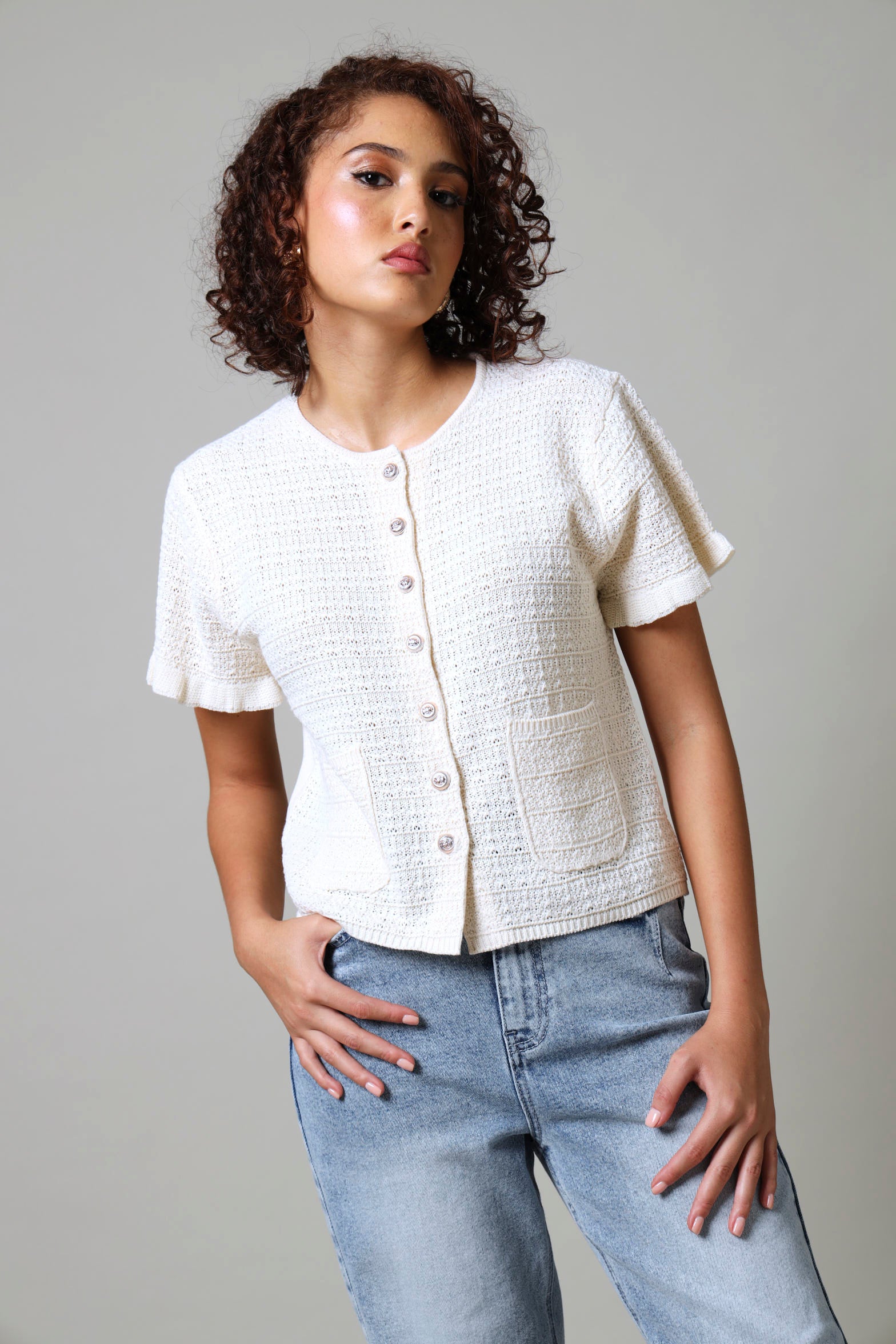Short Sleeve Textured Knitwear Top - Cream