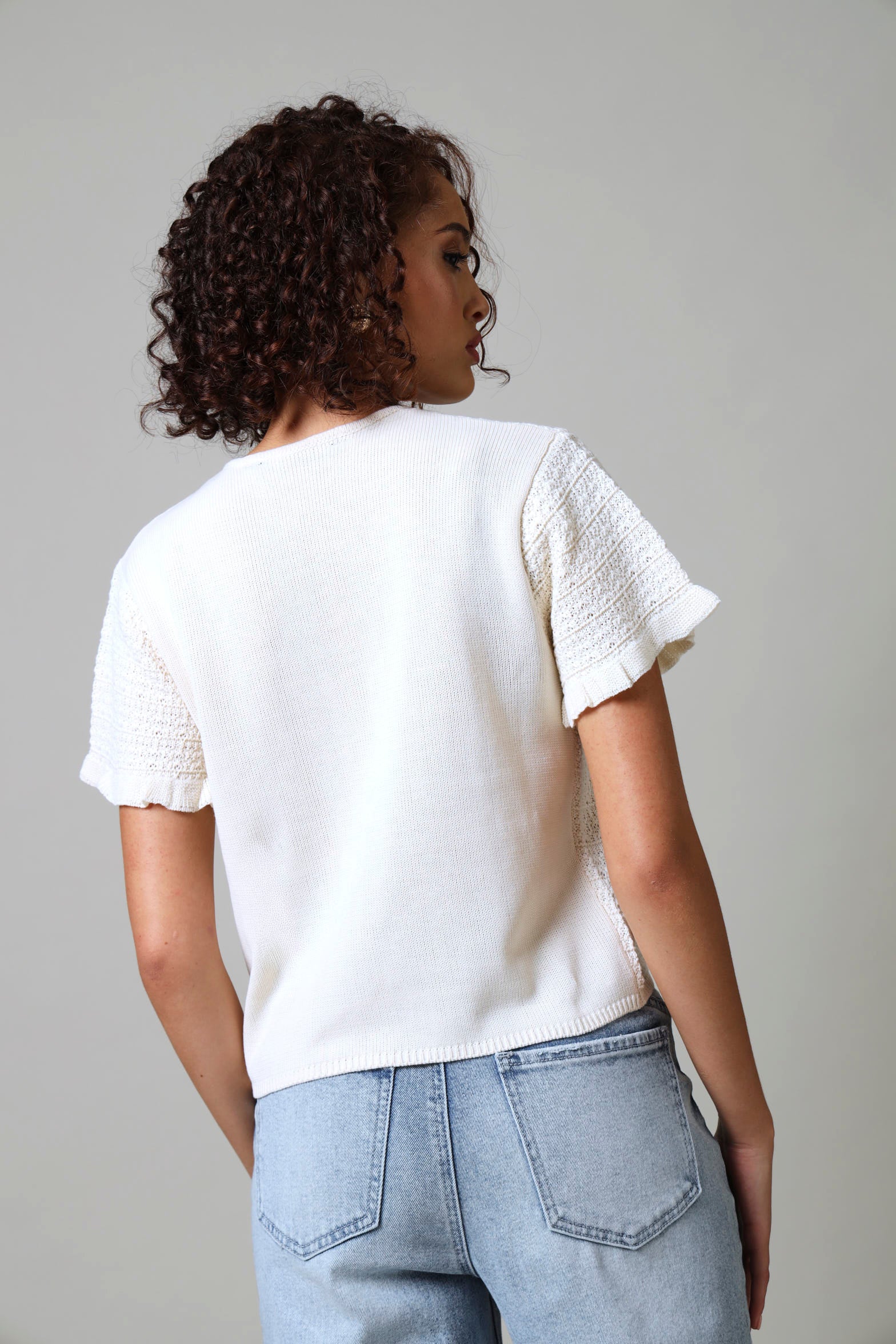 Short Sleeve Textured Knitwear Top - Cream - Image 2