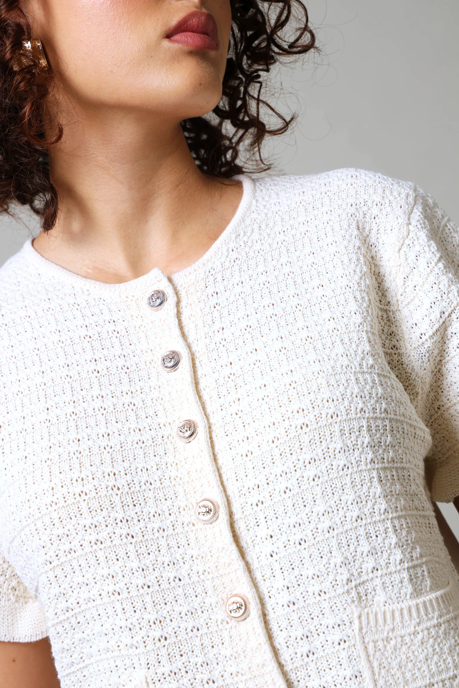 Short Sleeve Textured Knitwear Top - Cream - Image 3
