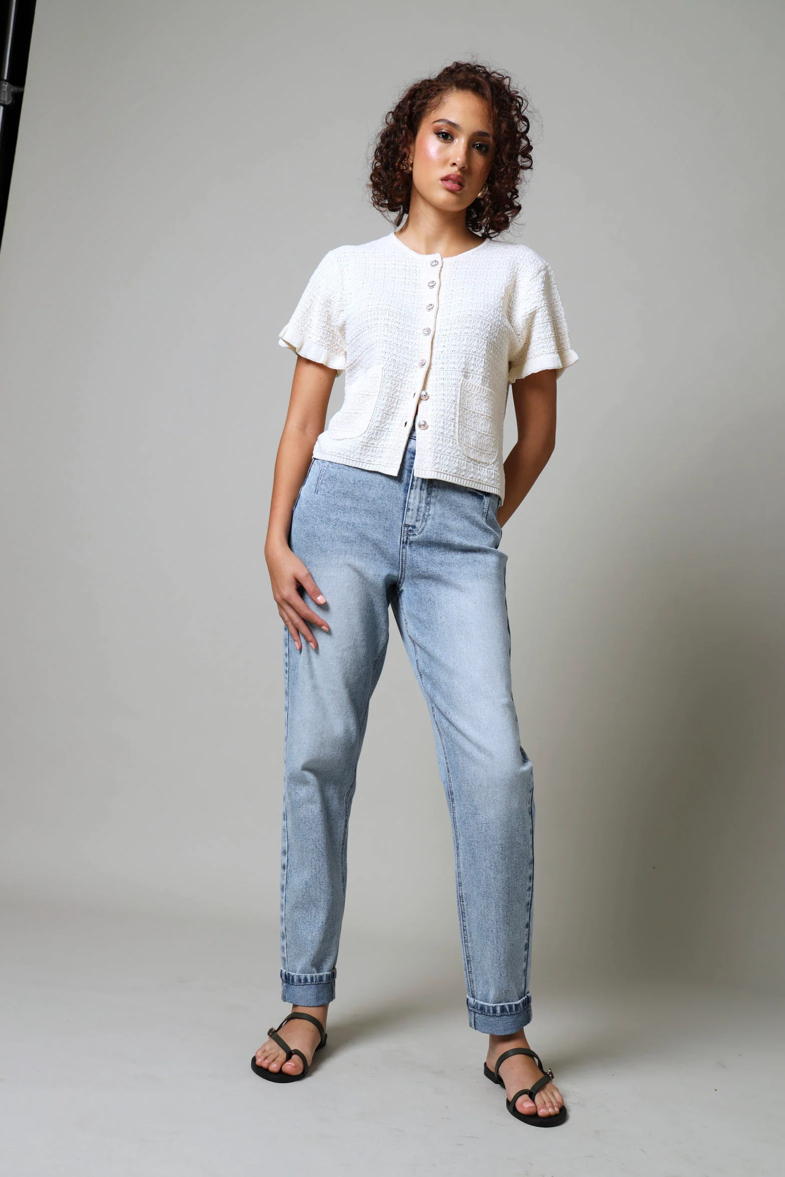 Short Sleeve Textured Knitwear Top - Cream - Image 4
