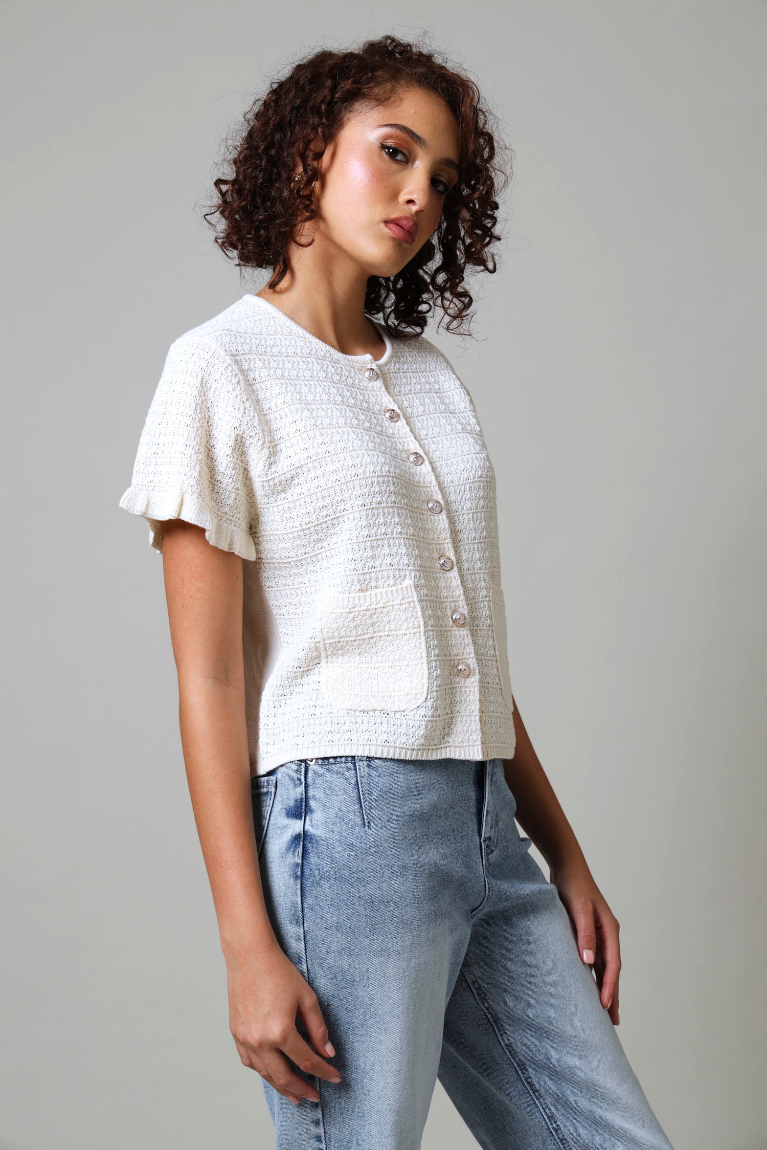 Short Sleeve Textured Knitwear Top - Cream - Image 5