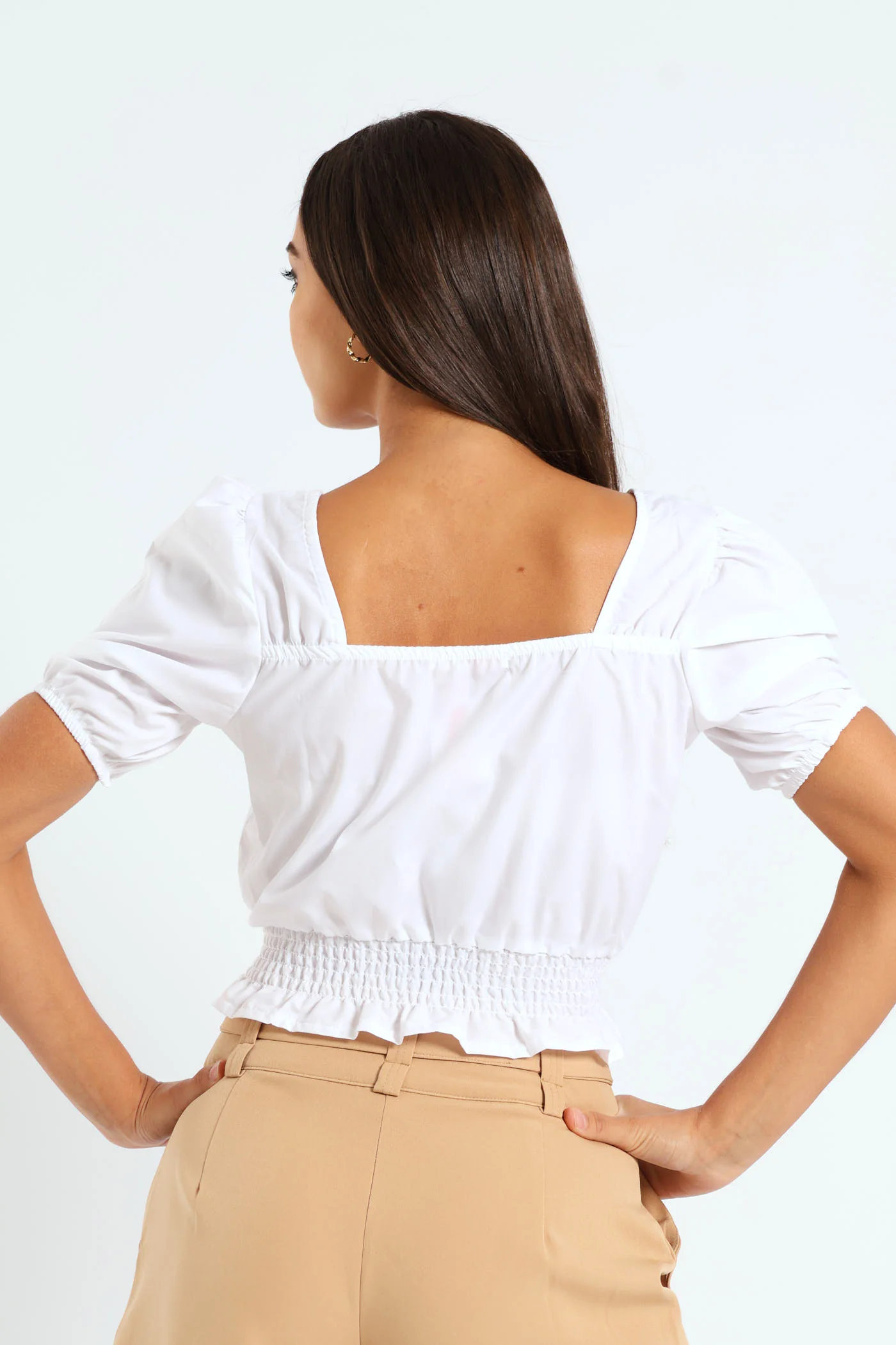 Short Sleeve Tie Front Rouged Waist Poplin Top - White - Image 3