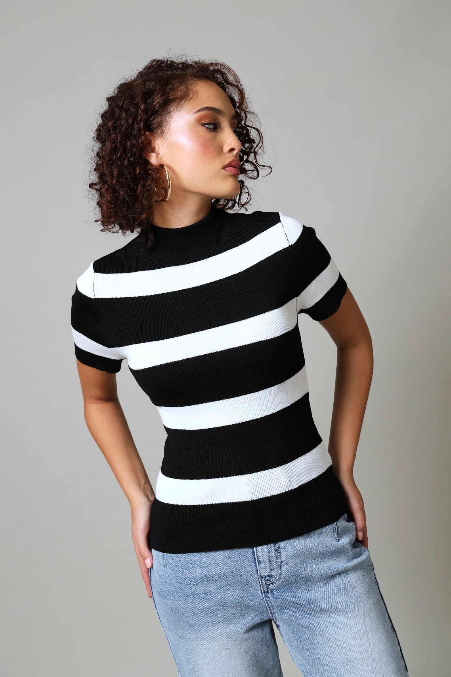 Short Sleeve Turtle Neck Stripe Knitwear Top - Black/White - Image 3