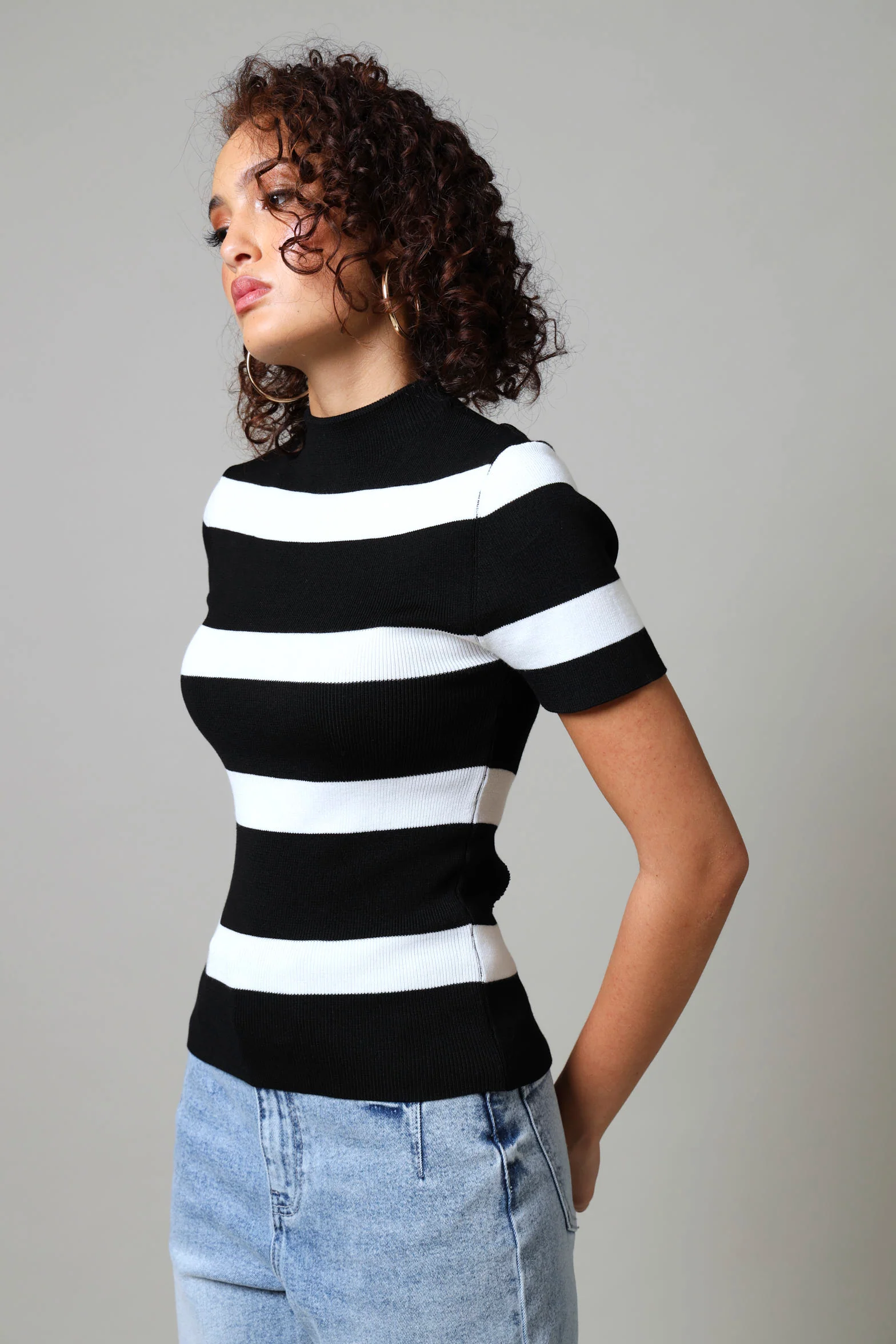 Short Sleeve Turtle Neck Stripe Knitwear Top - Black/White - Image 4