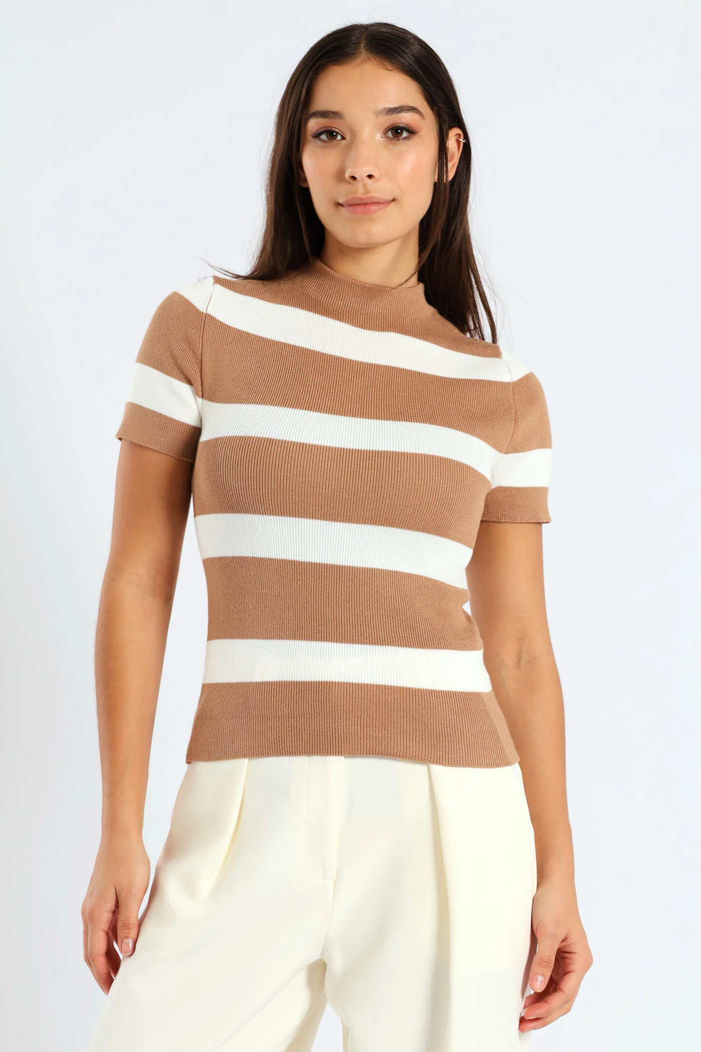 Short Sleeve Turtle Neck Stripe Knitwear Top - White/Beige