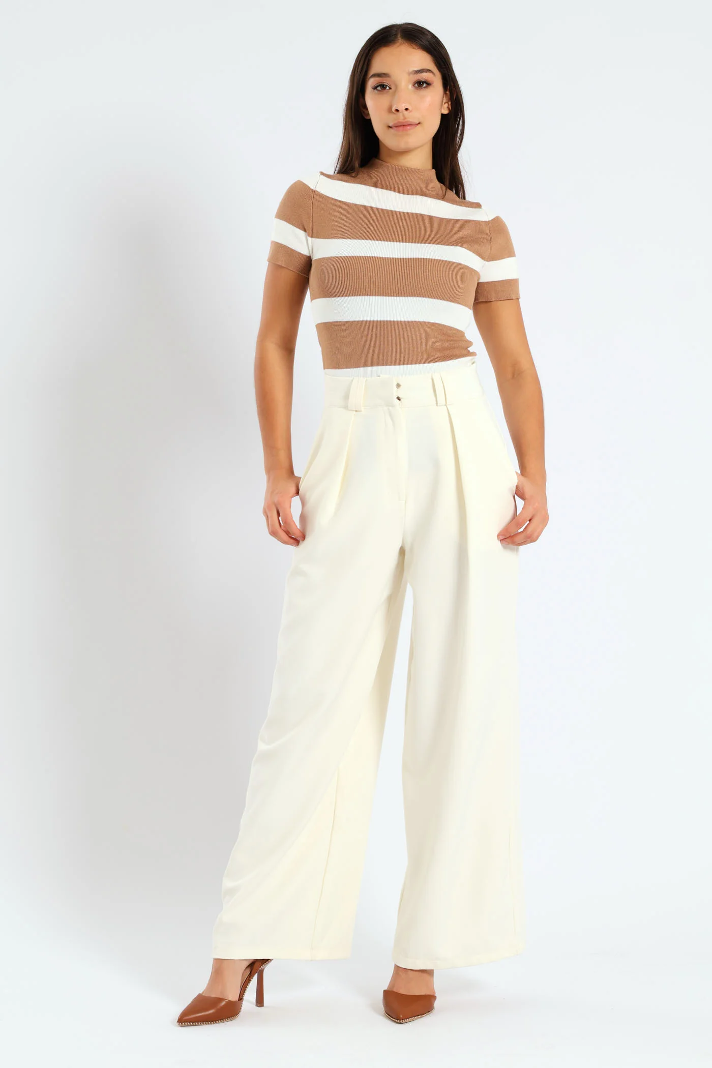 Short Sleeve Turtle Neck Stripe Knitwear Top - White/Beige - Image 2