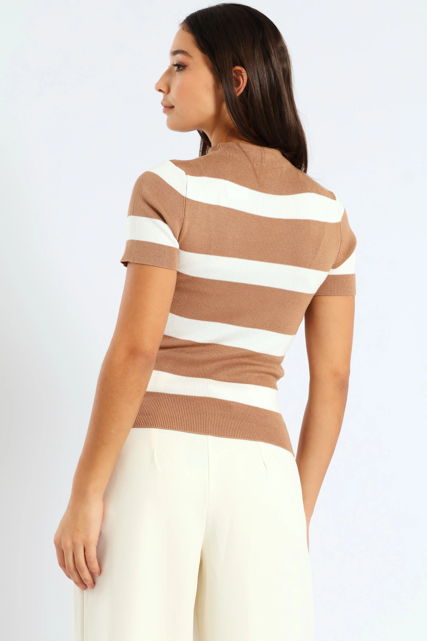 Short Sleeve Turtle Neck Stripe Knitwear Top - White/Beige - Image 6