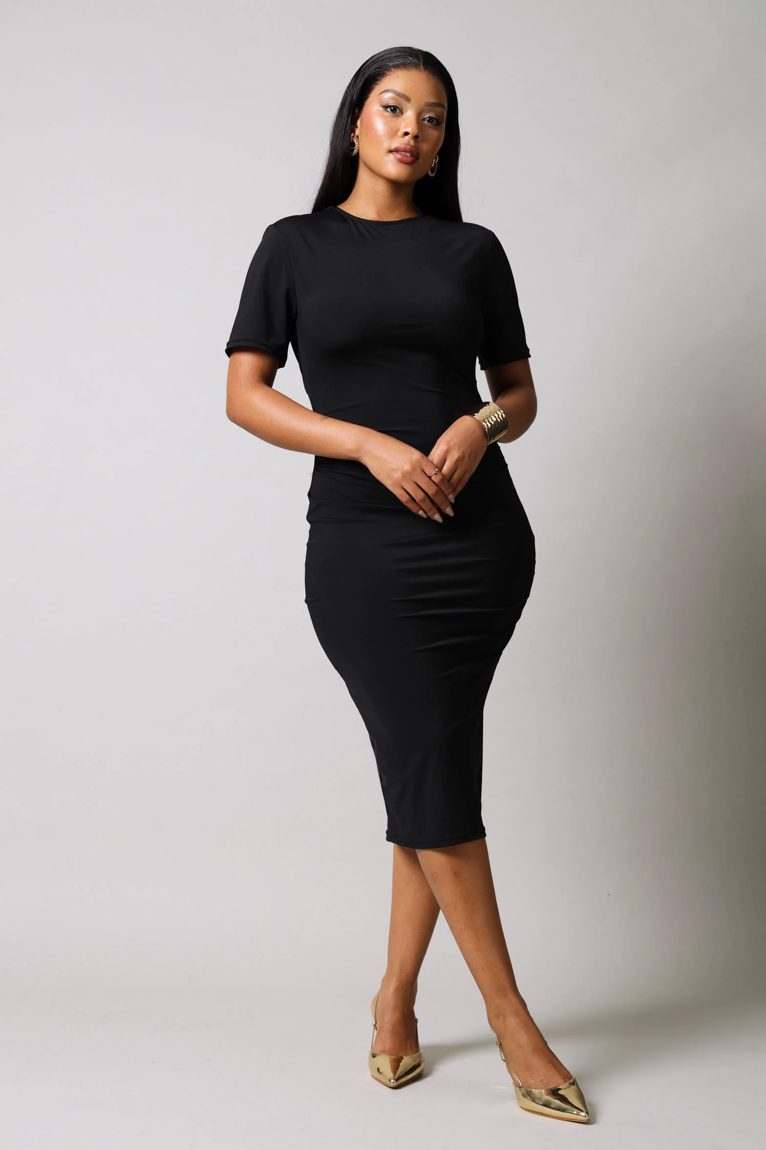 Short Sleeve Twist Back Bodycon Dress - Black - Image 3