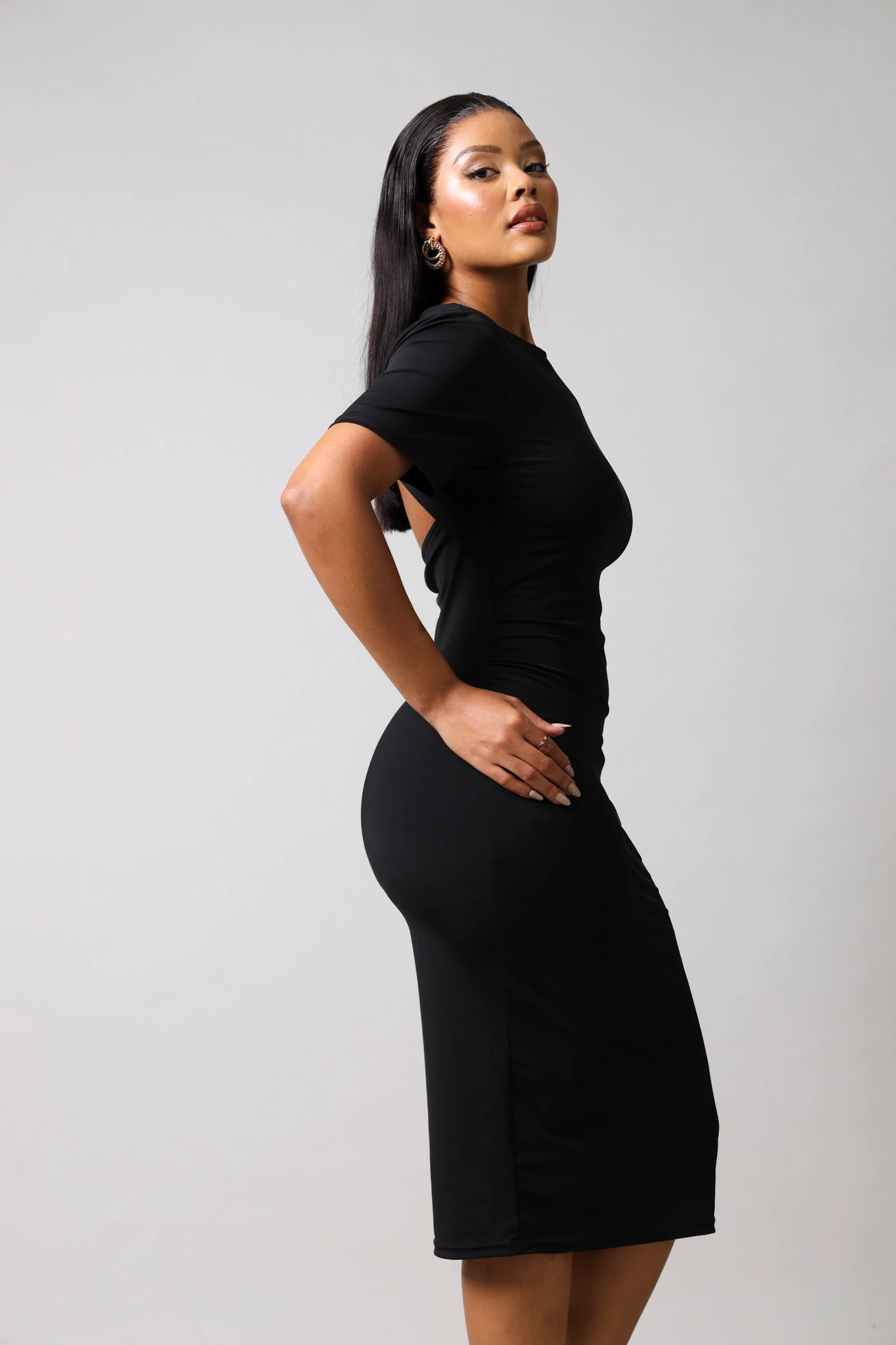 Short Sleeve Twist Back Bodycon Dress - Black - Image 4