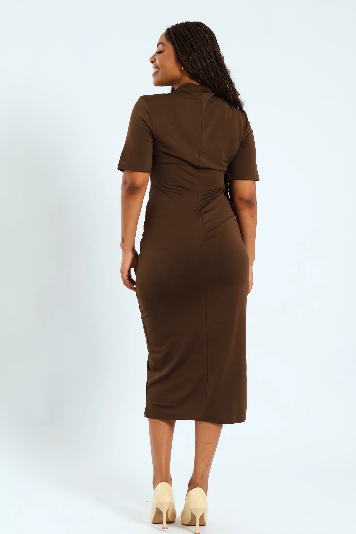 Short Sleeve Waist Side Knot Midi Dress - Slate - Image 5