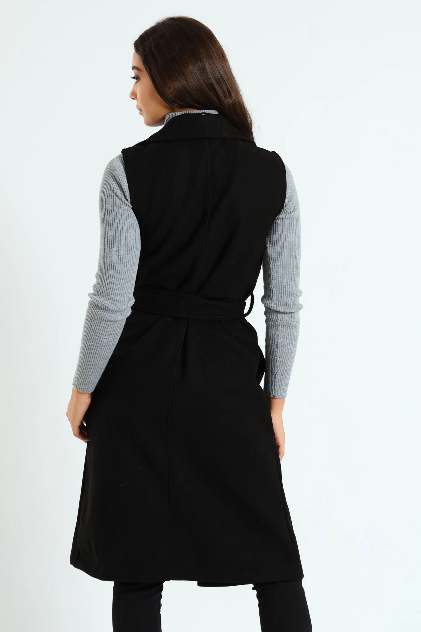 Short Sleeve Waist Tie Melton Jacket - Black - Image 2