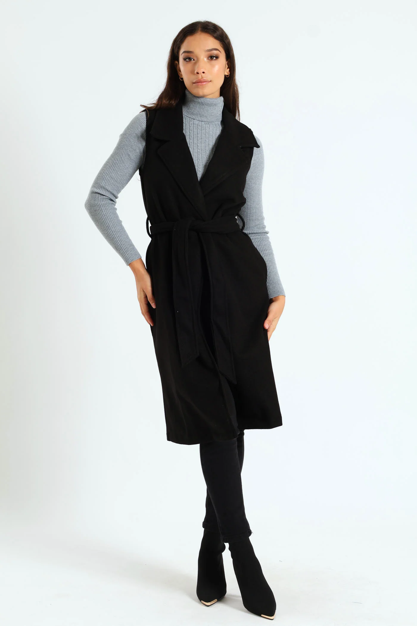 Short Sleeve Waist Tie Melton Jacket - Black - Image 4