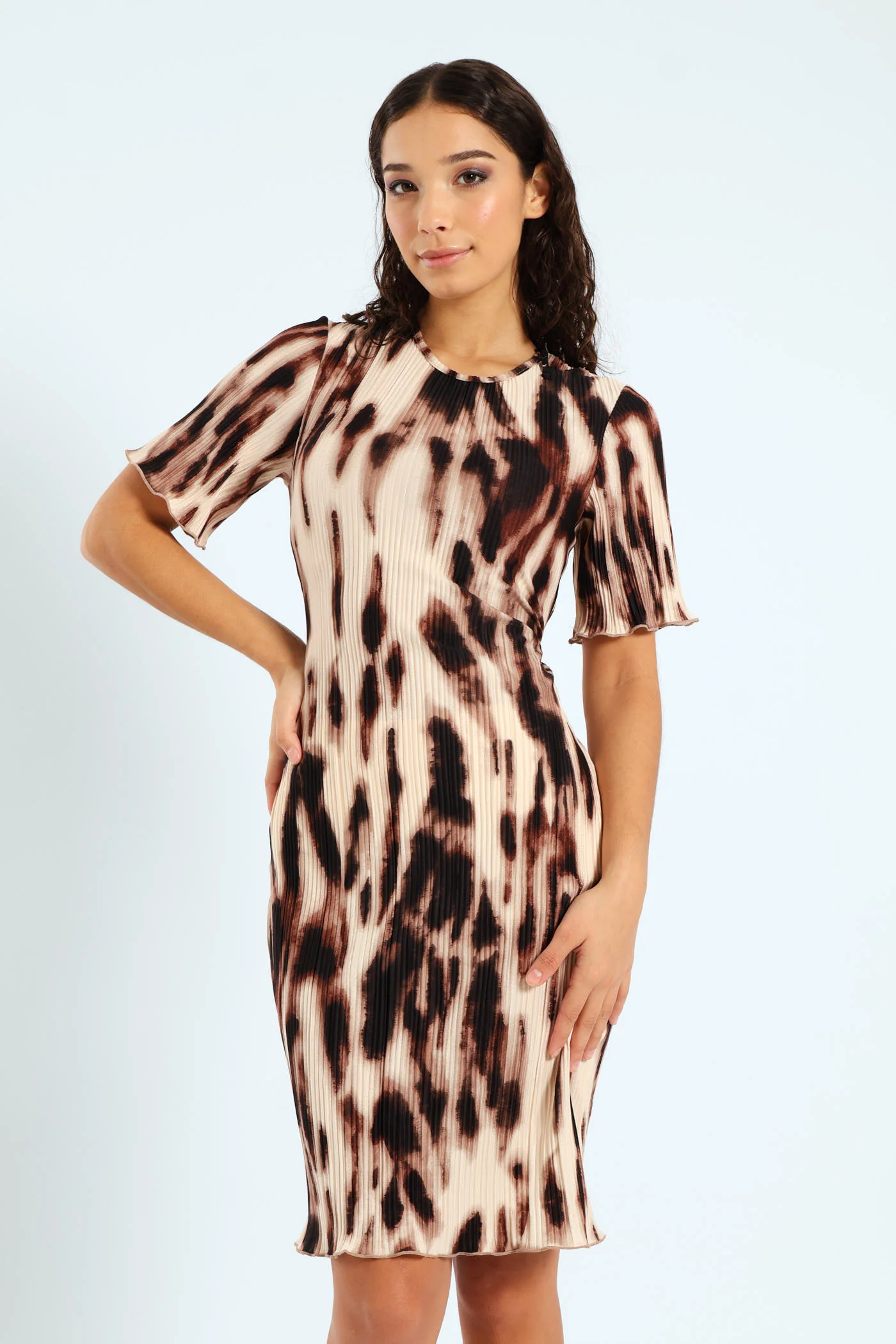 Short Sleeve Waisted Bodre Dress - Animal - Image 3