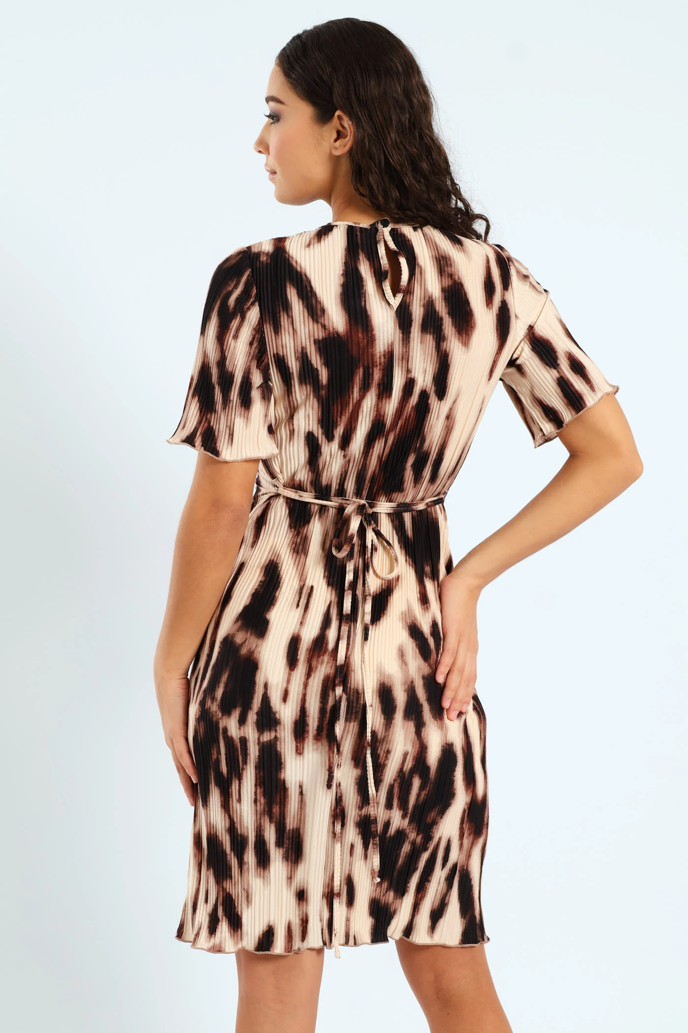 Short Sleeve Waisted Bodre Dress - Animal - Image 5
