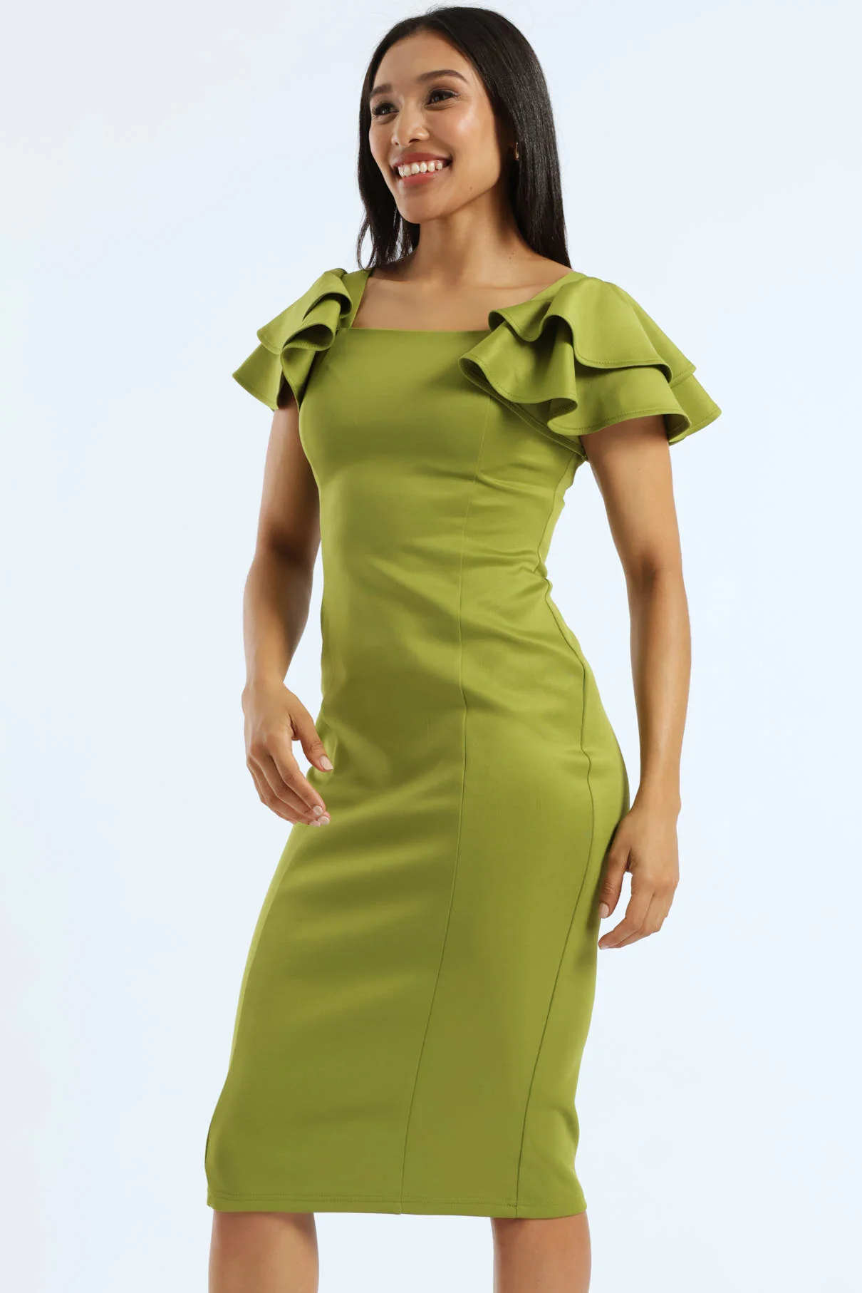 Short Sleeve Wide Frill Bodycon Dress - Green - Image 3
