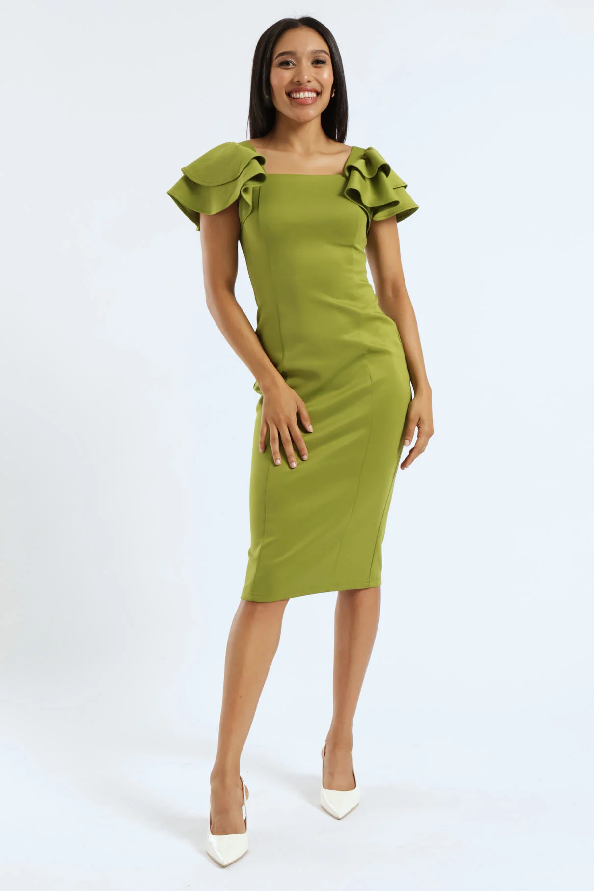 Short Sleeve Wide Frill Bodycon Dress - Green - Image 5