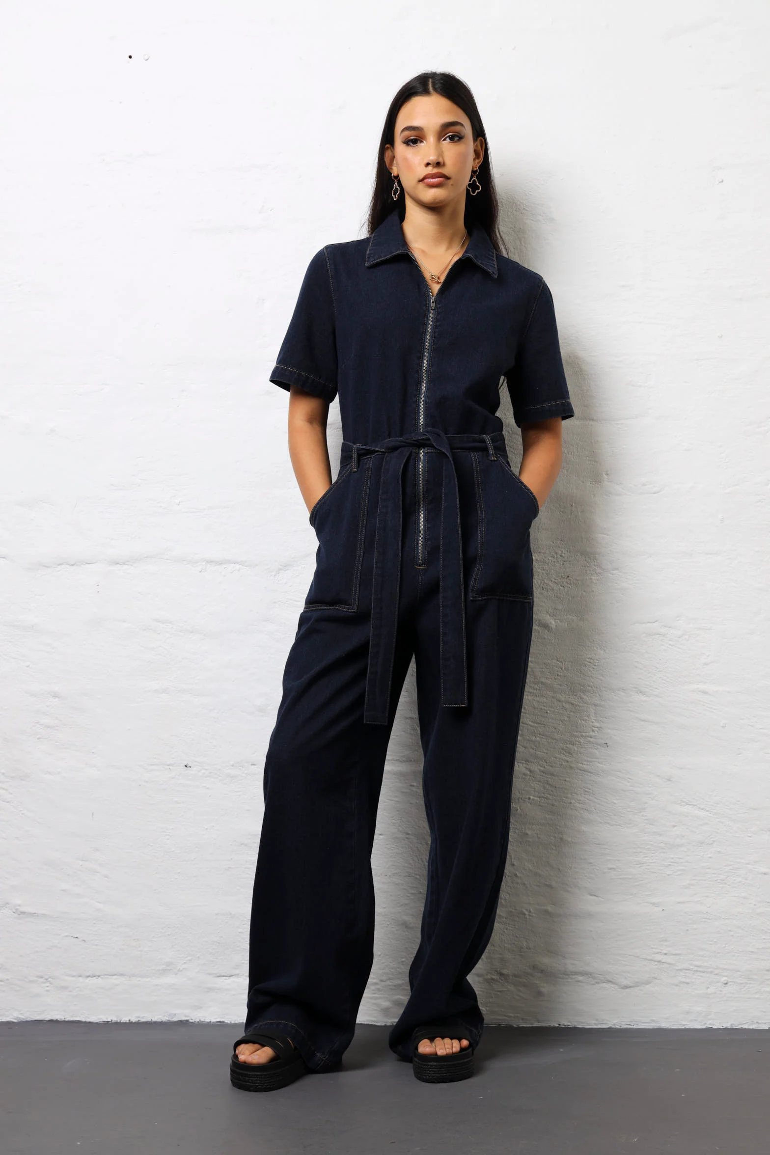 Short Sleeve Zip Front Denim Jumpsuit - Ink