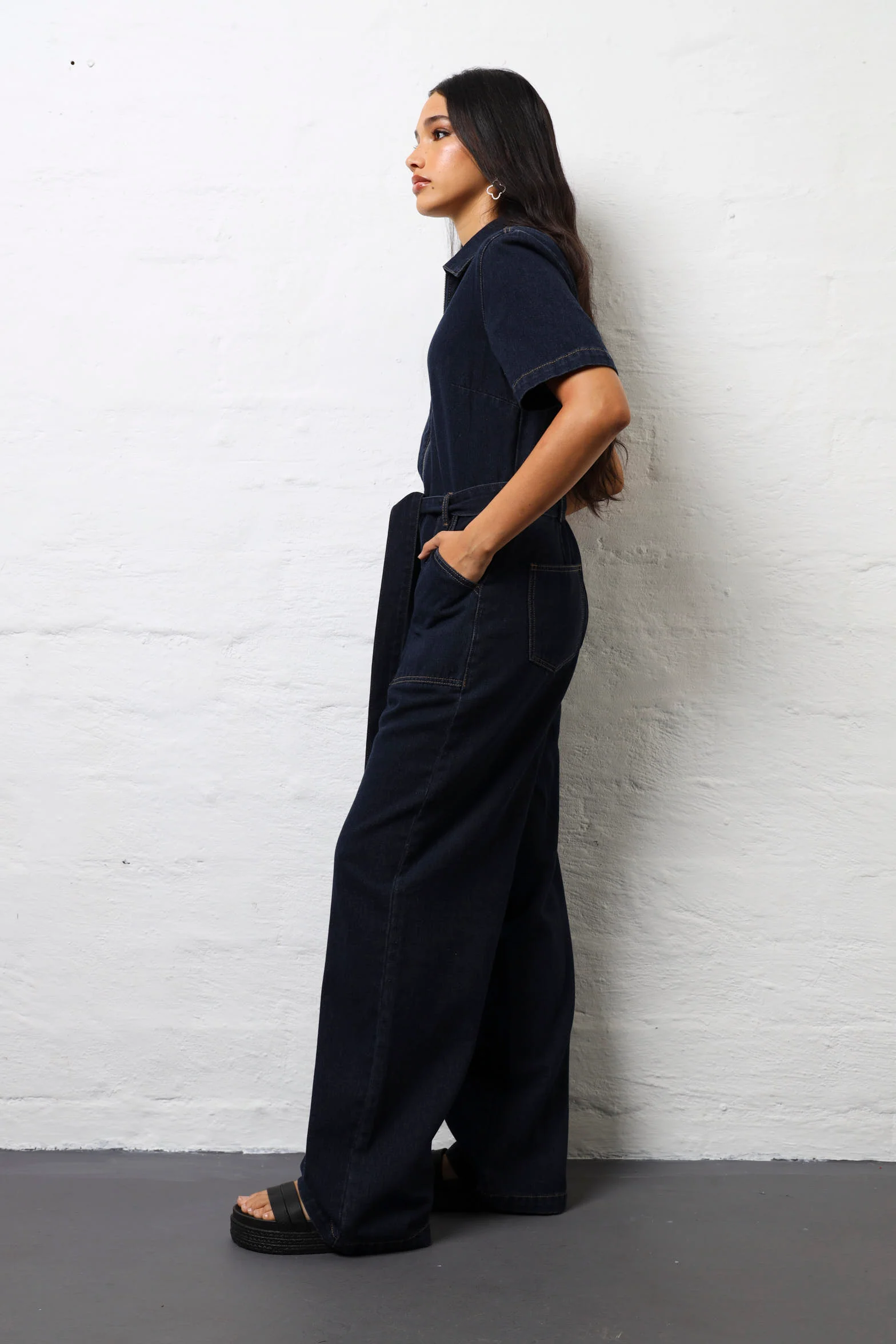 Short Sleeve Zip Front Denim Jumpsuit - Ink - Image 2