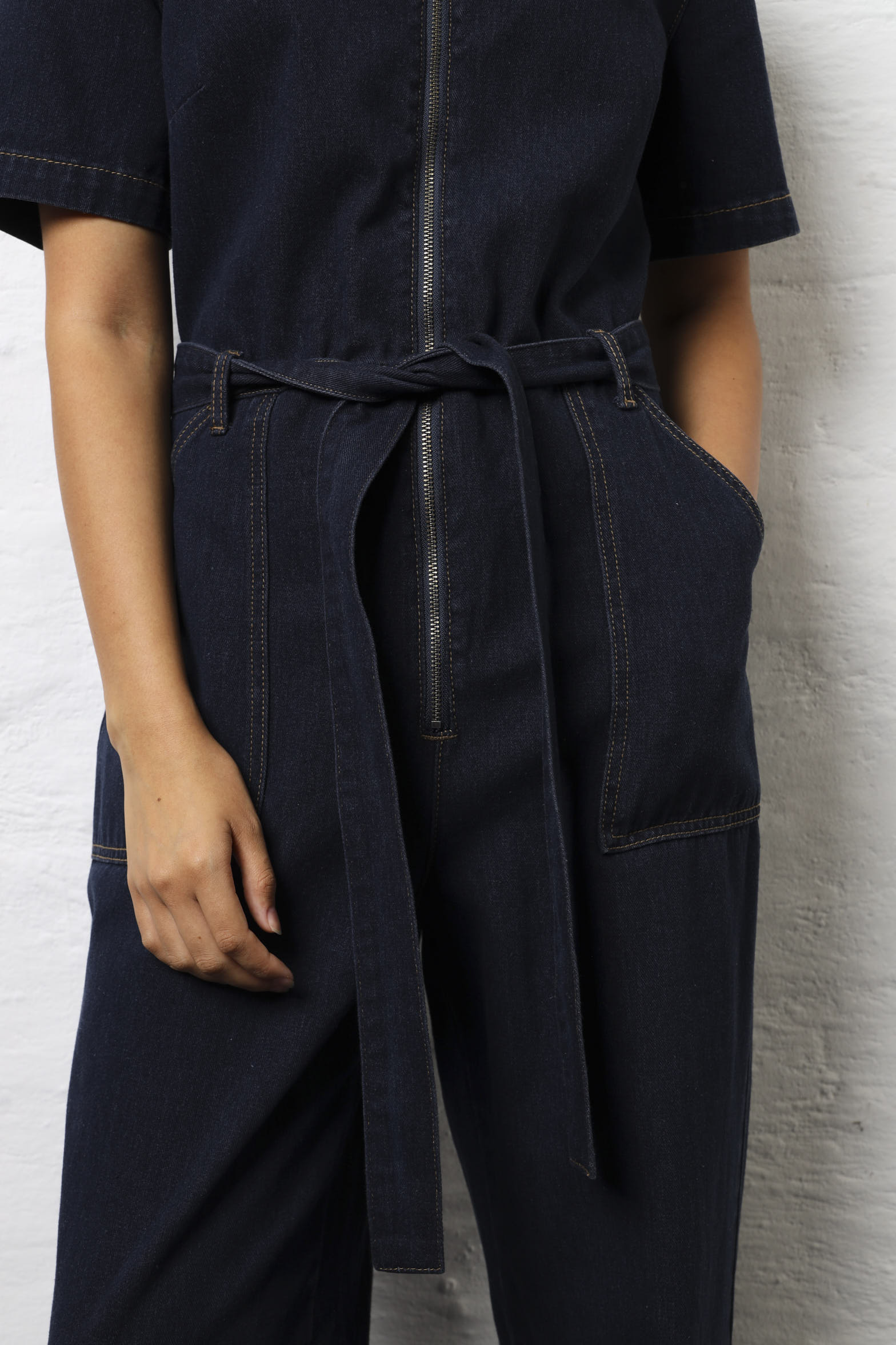 Short Sleeve Zip Front Denim Jumpsuit - Ink - Image 3