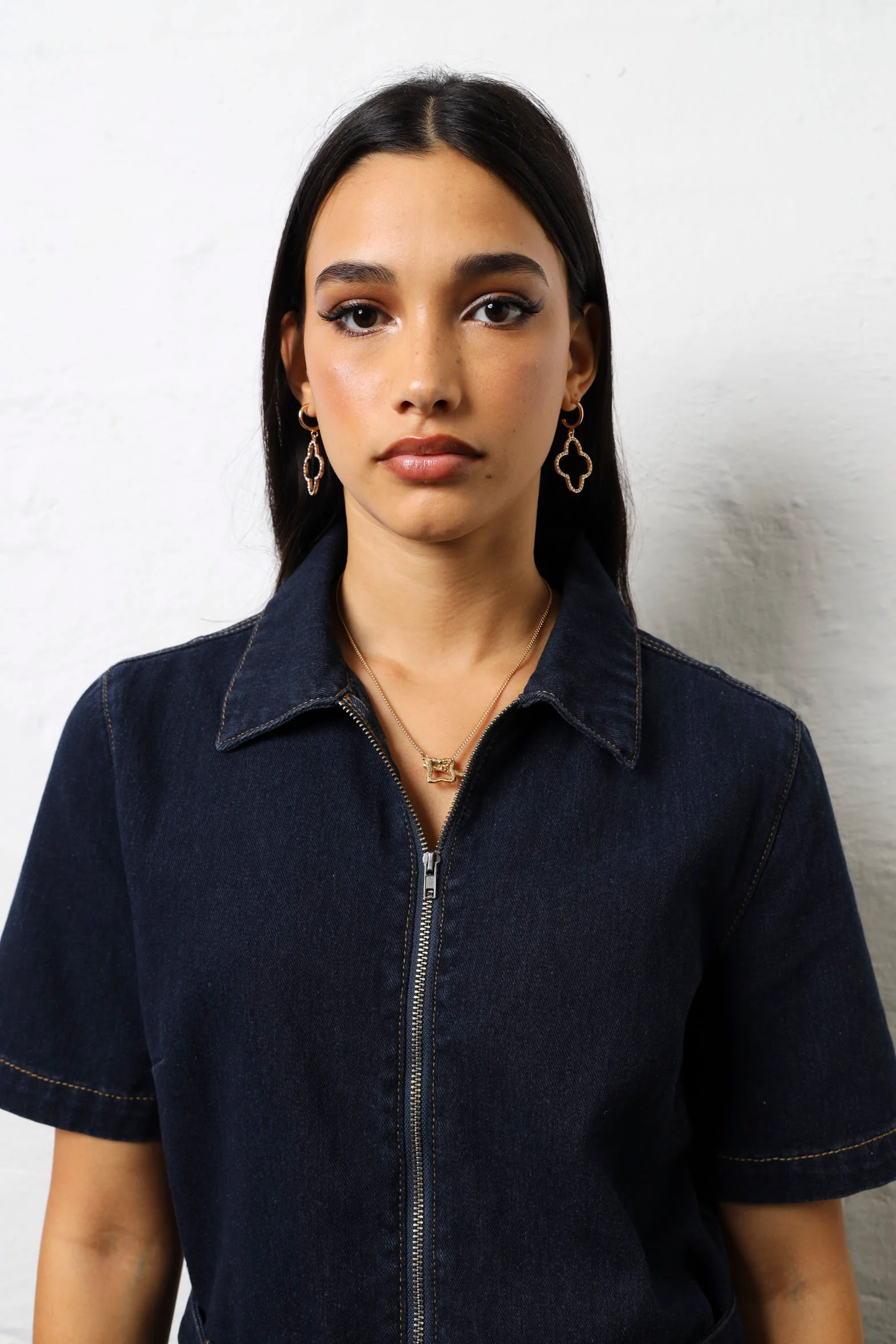 Short Sleeve Zip Front Denim Jumpsuit - Ink - Image 4