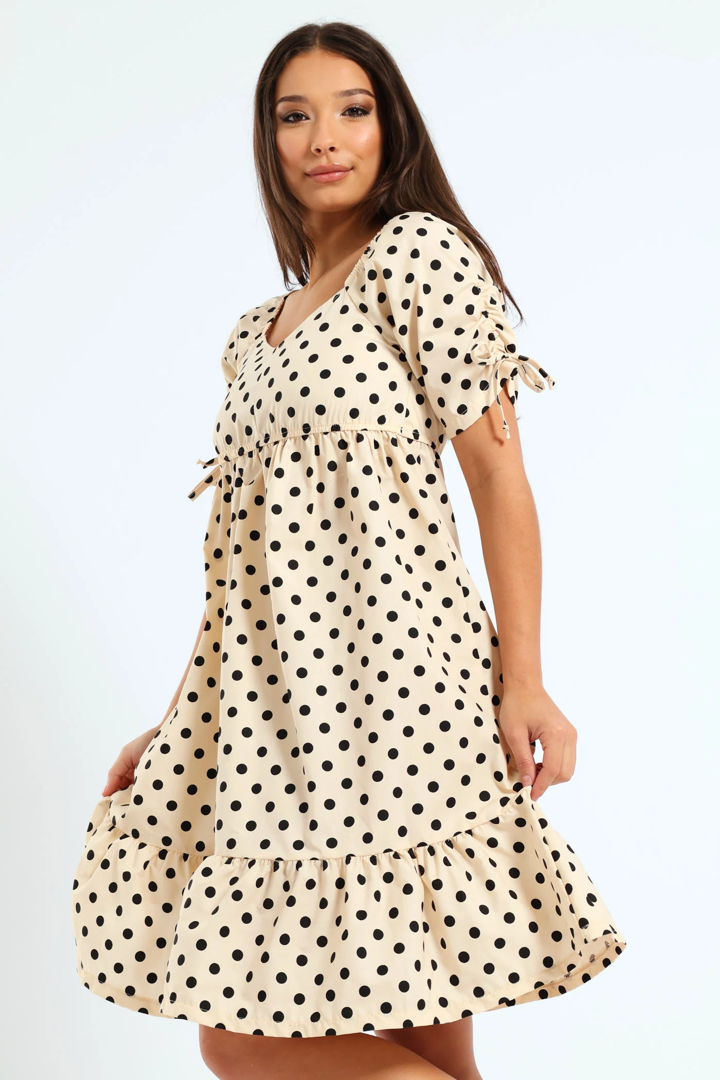 Short Tie Sleeve Poplin Polka Mini Dress - Beige/Black
