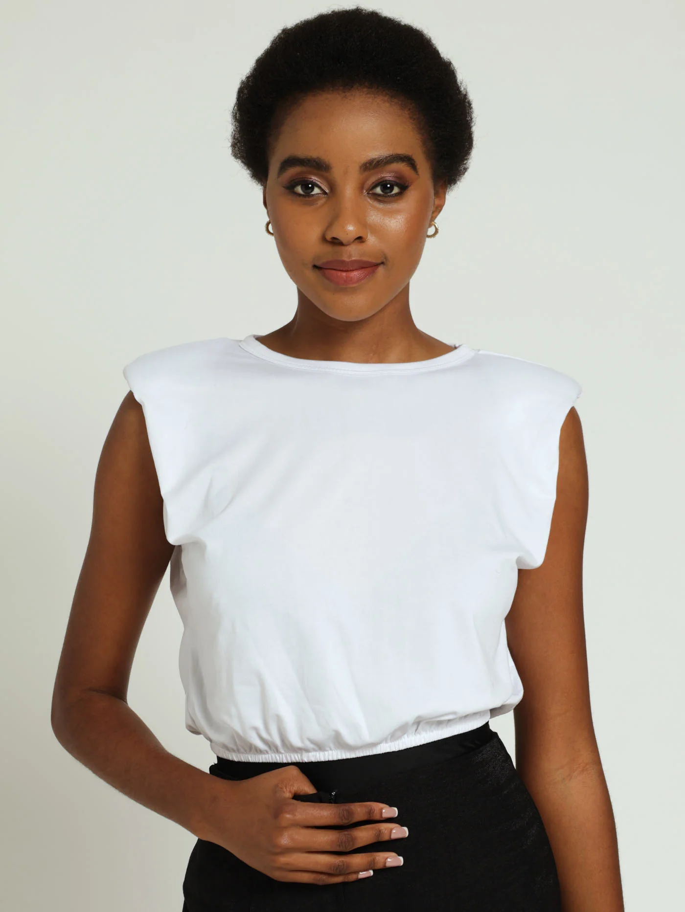 Shoulder Pad Elastic Waist Ditsy Tee - White