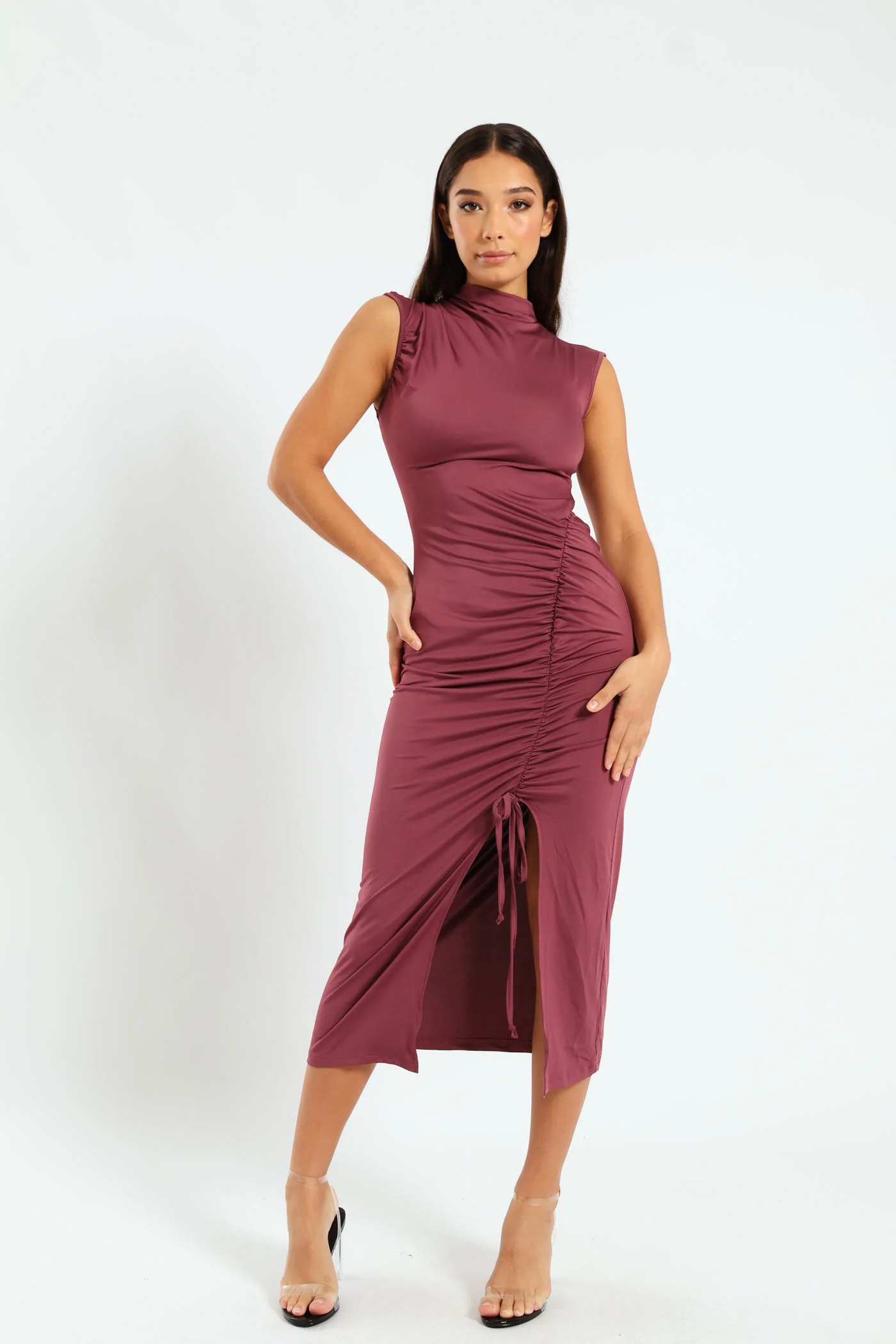 Shoulder & Waist Guaged Hi Slit Bodycon Dress - Purple Envy