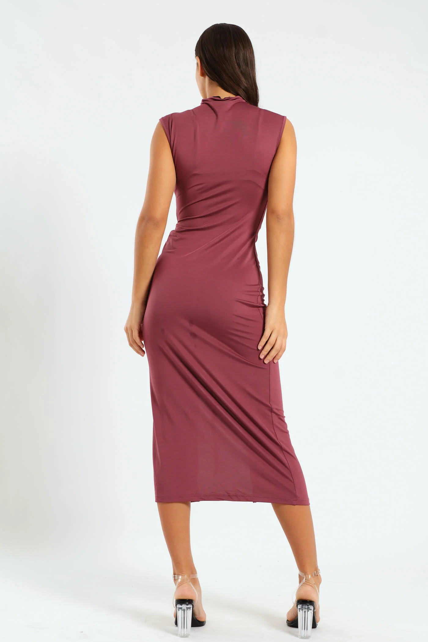 Shoulder & Waist Guaged Hi Slit Bodycon Dress - Purple Envy - Image 2