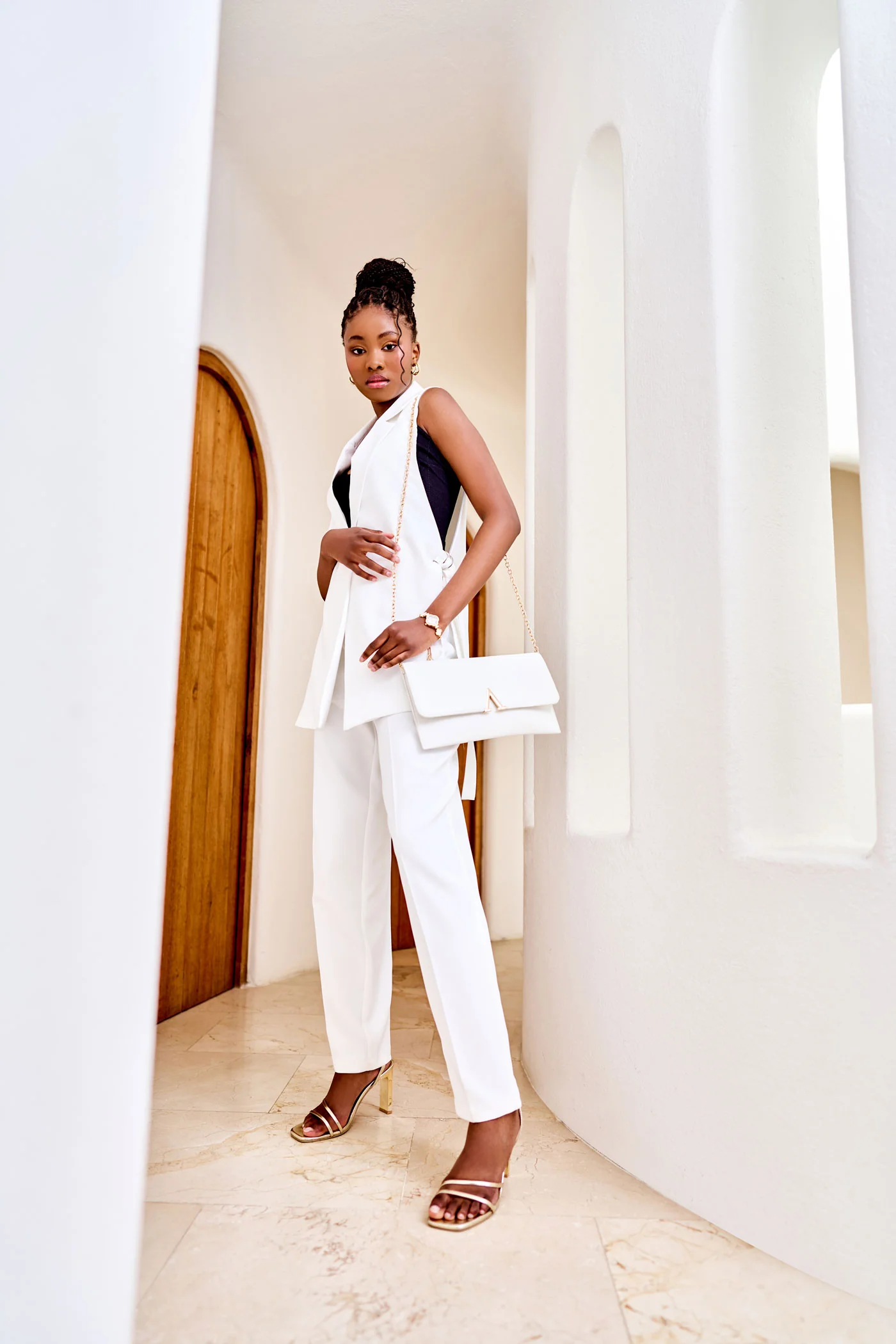 Side Buckle Detail Slim Leg Pants - White - Image 3