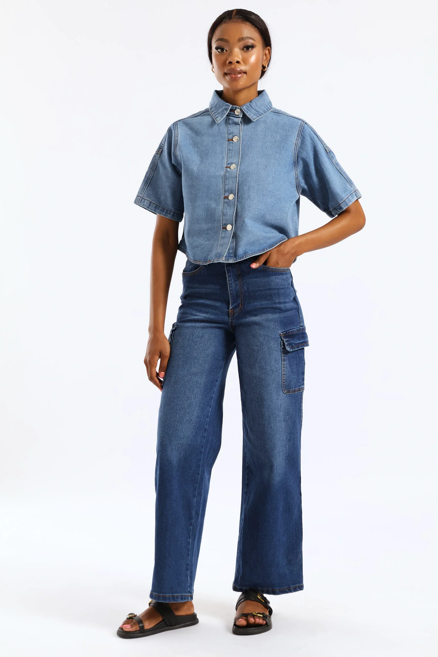 Side Cargo Pocket Wide Leg Jean - Dark Wash - Image 6