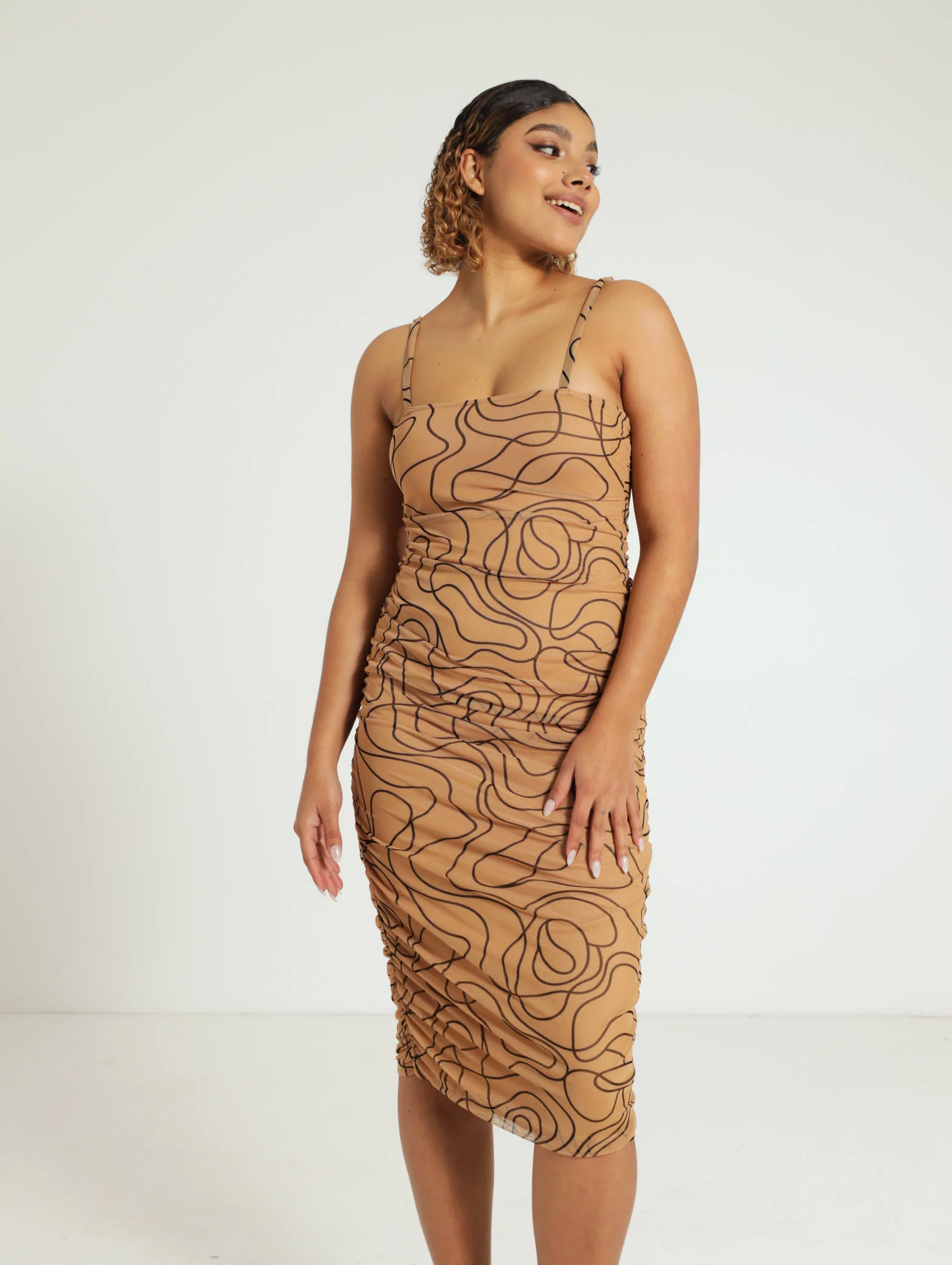 Side Gauged Mesh Strappy Midi Dress