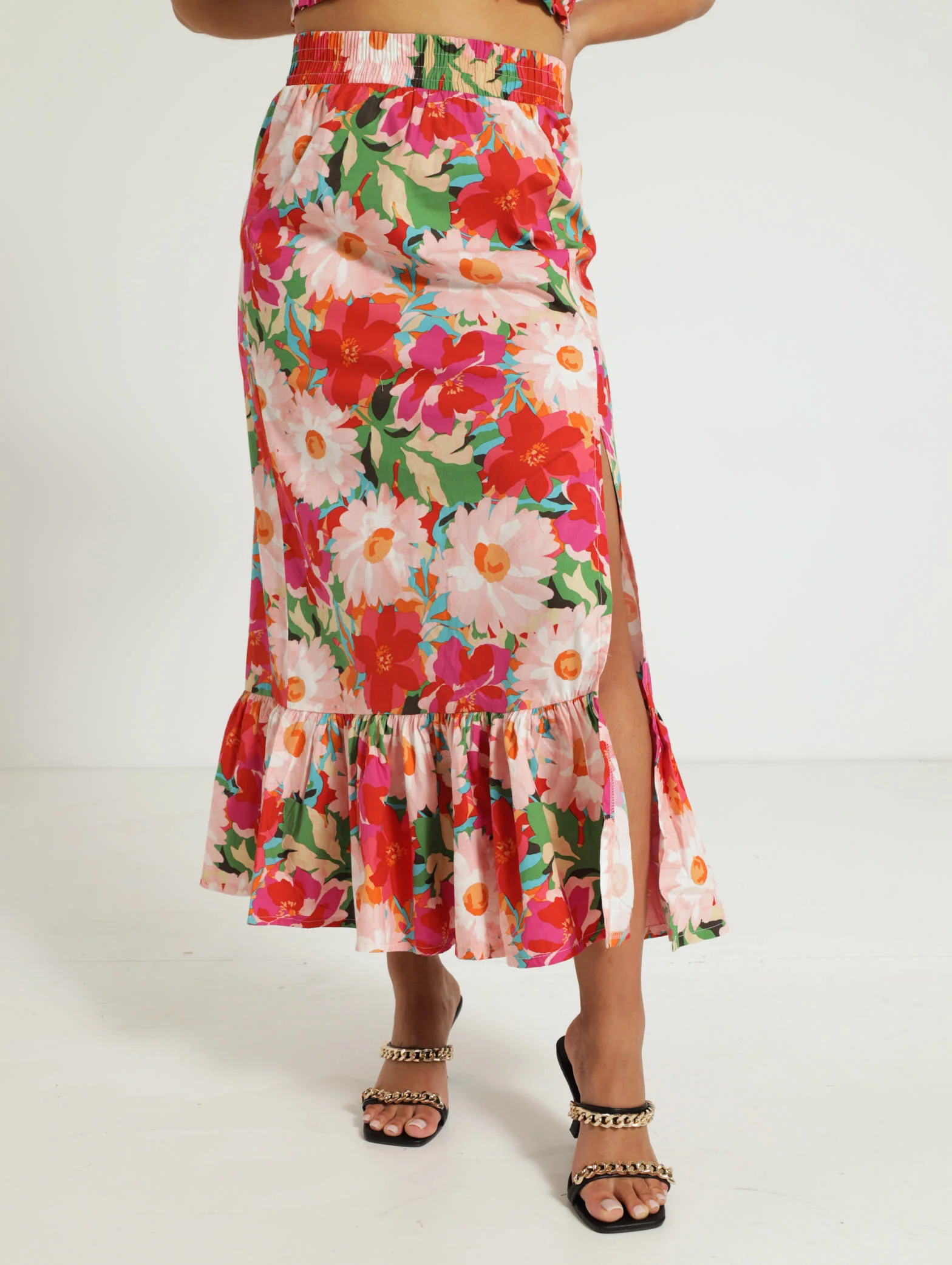 Side Slit Tiered Midi Skirt