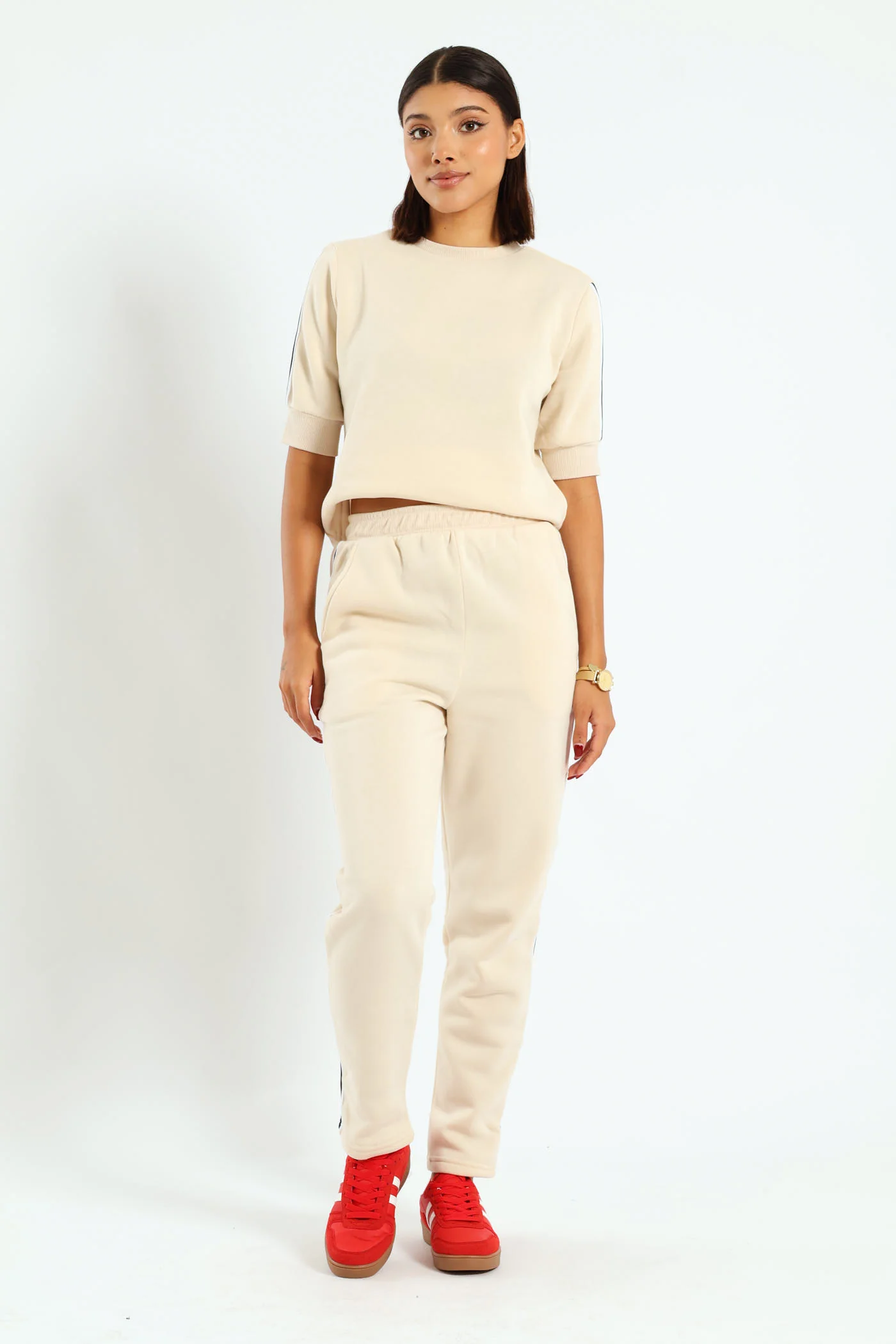 Side Stripe Straight Leg Jogger - Cream - Image 2