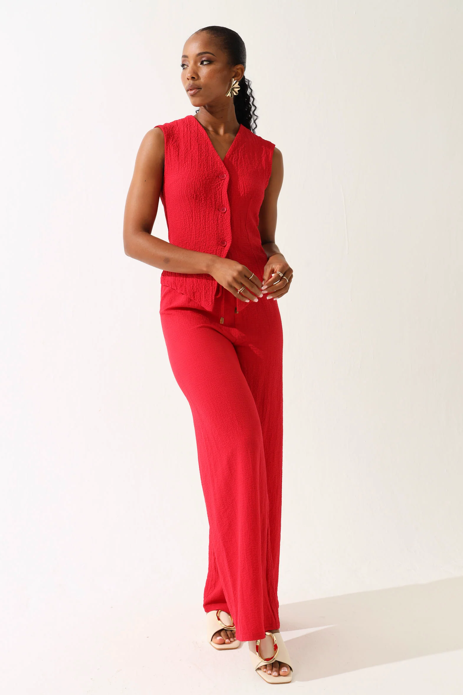 Sinched Waist Textured Button Through Top - Red