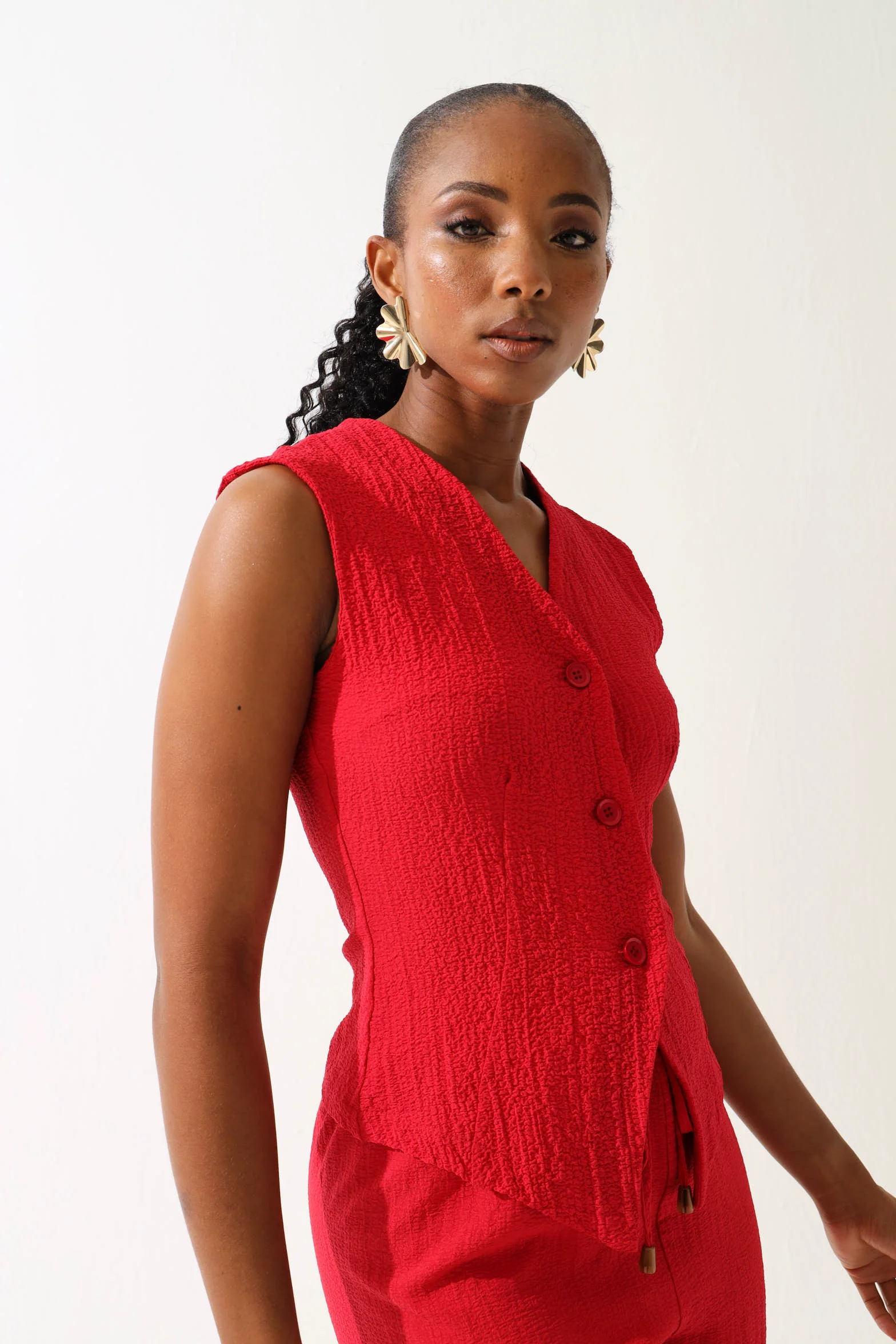 Sinched Waist Textured Button Through Top - Red - Image 3
