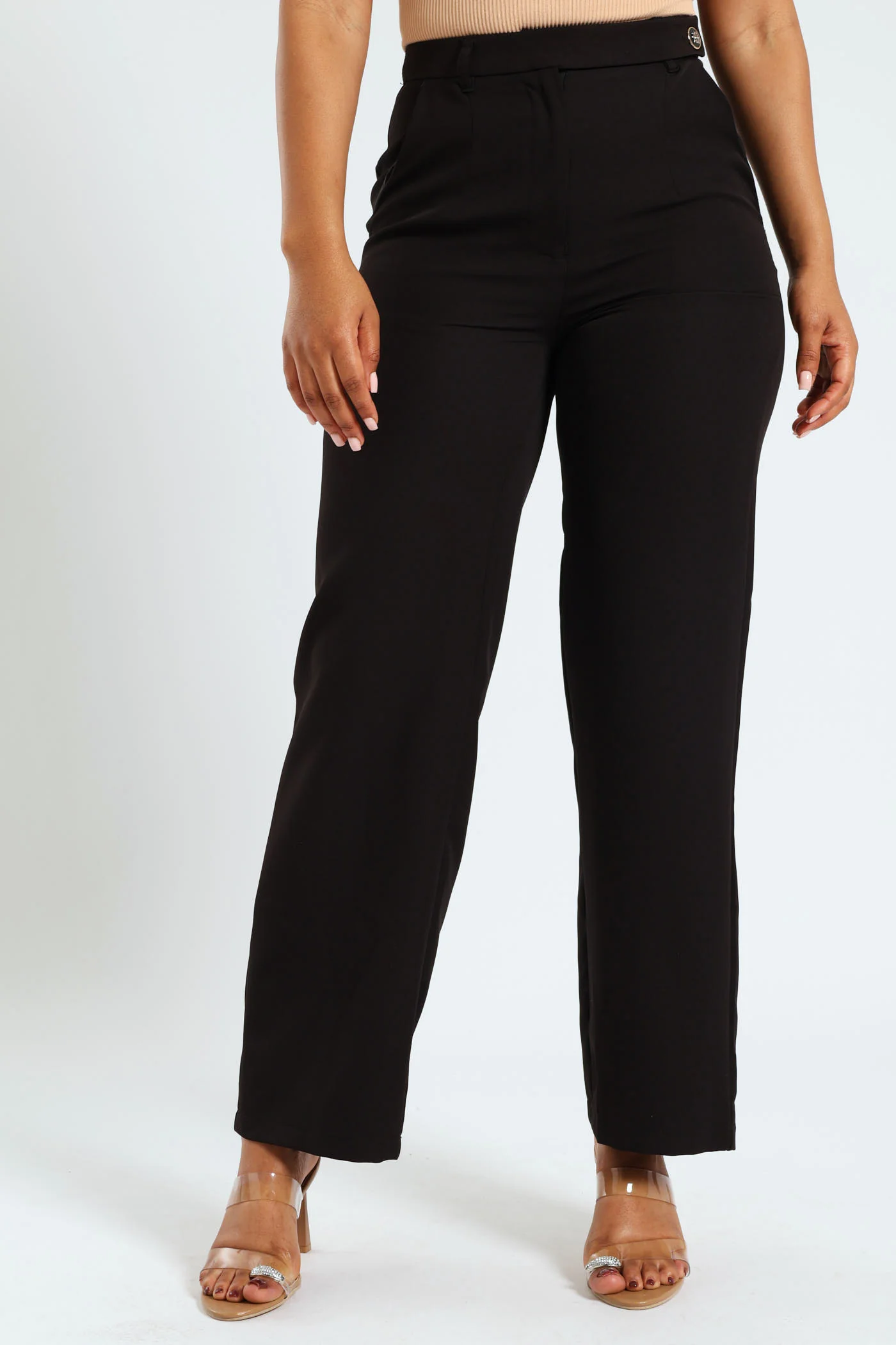Single Button Detail Tailored Wideleg Pants - Black