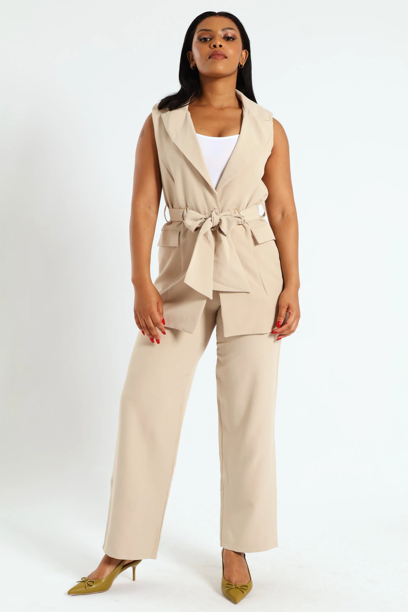 Single Button Detail Tailored Wide Leg Pants - Nude - Image 2