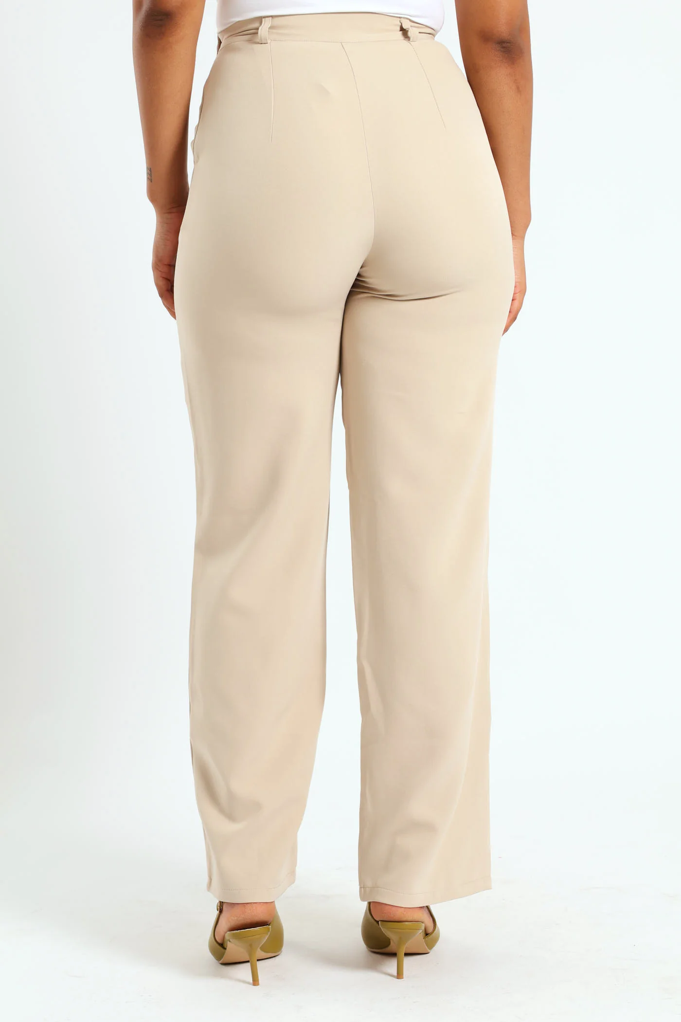 Single Button Detail Tailored Wide Leg Pants - Nude - Image 4