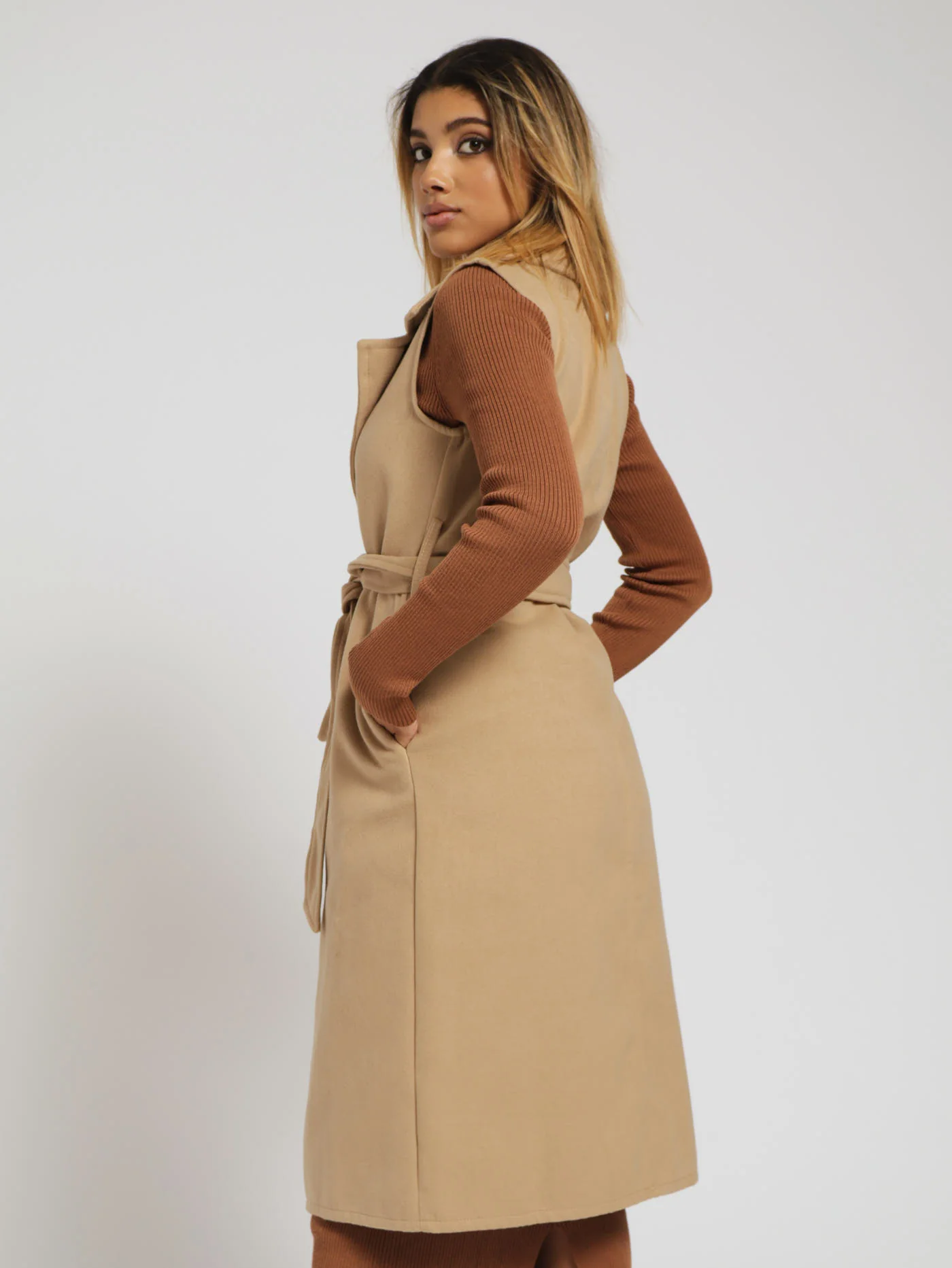 Sleeveless Belted Melton Coat - Caramel - Image 2