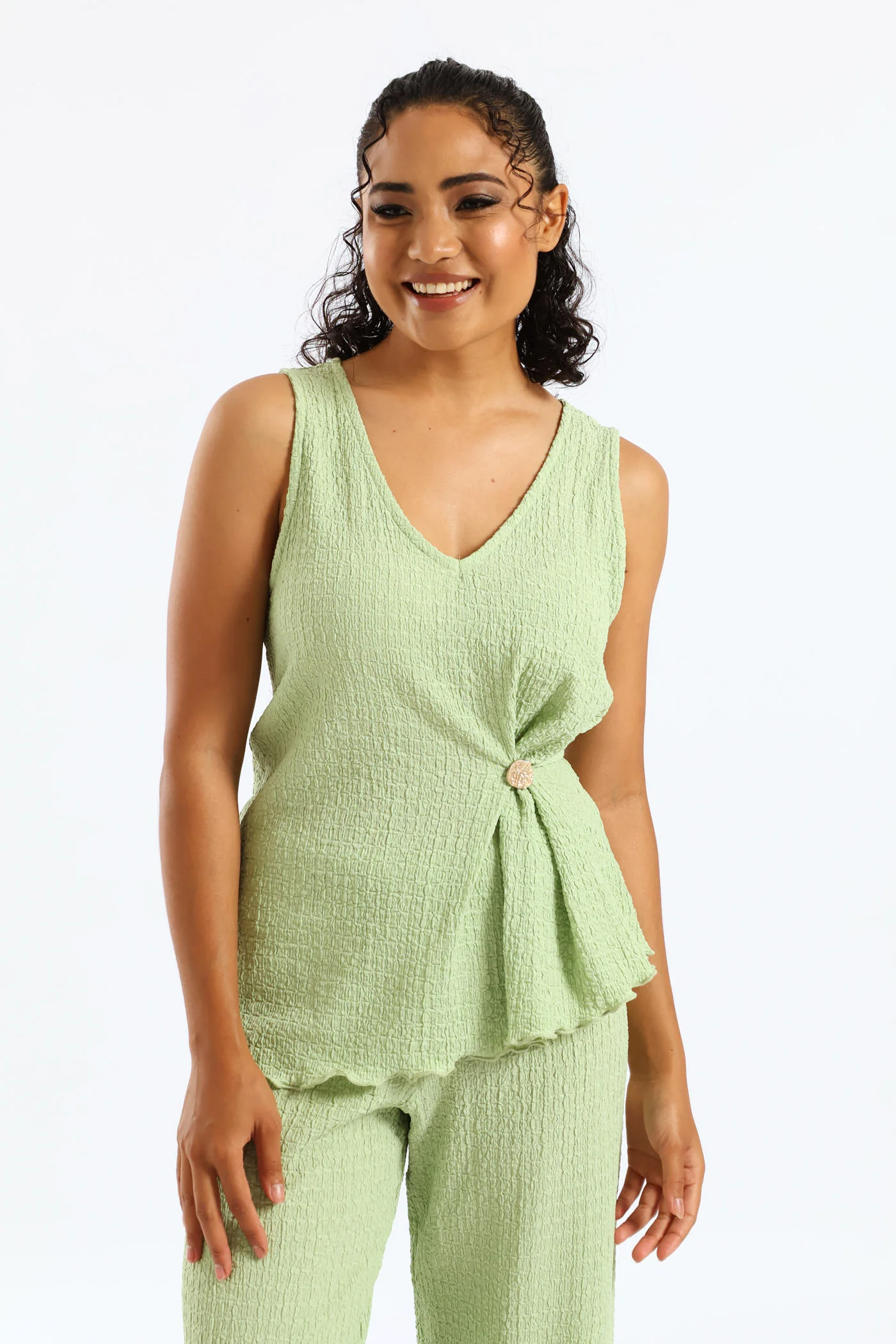 Sleeveless Asymetrical Gold Trim Cami - Mint