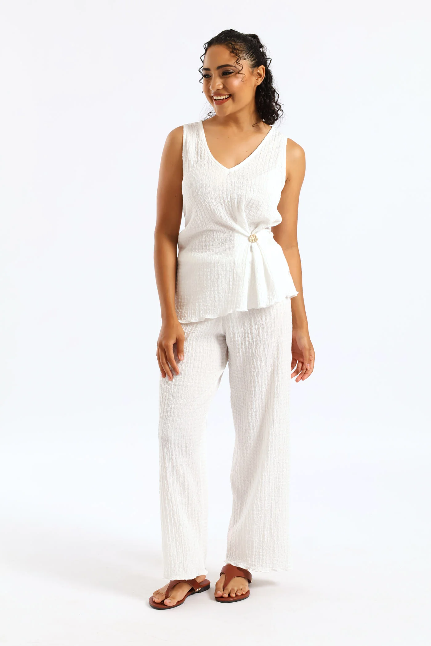 Sleeveless Asymmetrical Gold Trim Cami - Milk - Image 2