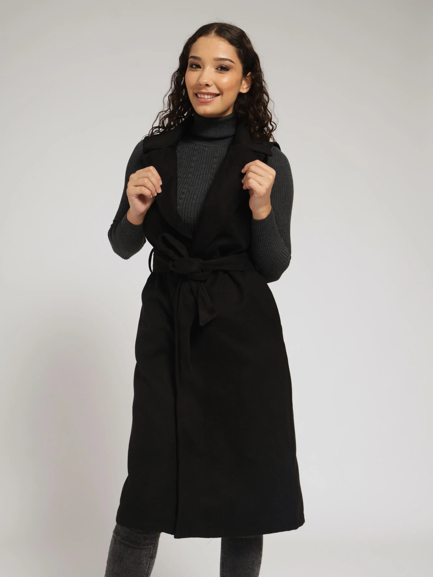 Sleeveless Belted Melton Coat - Black