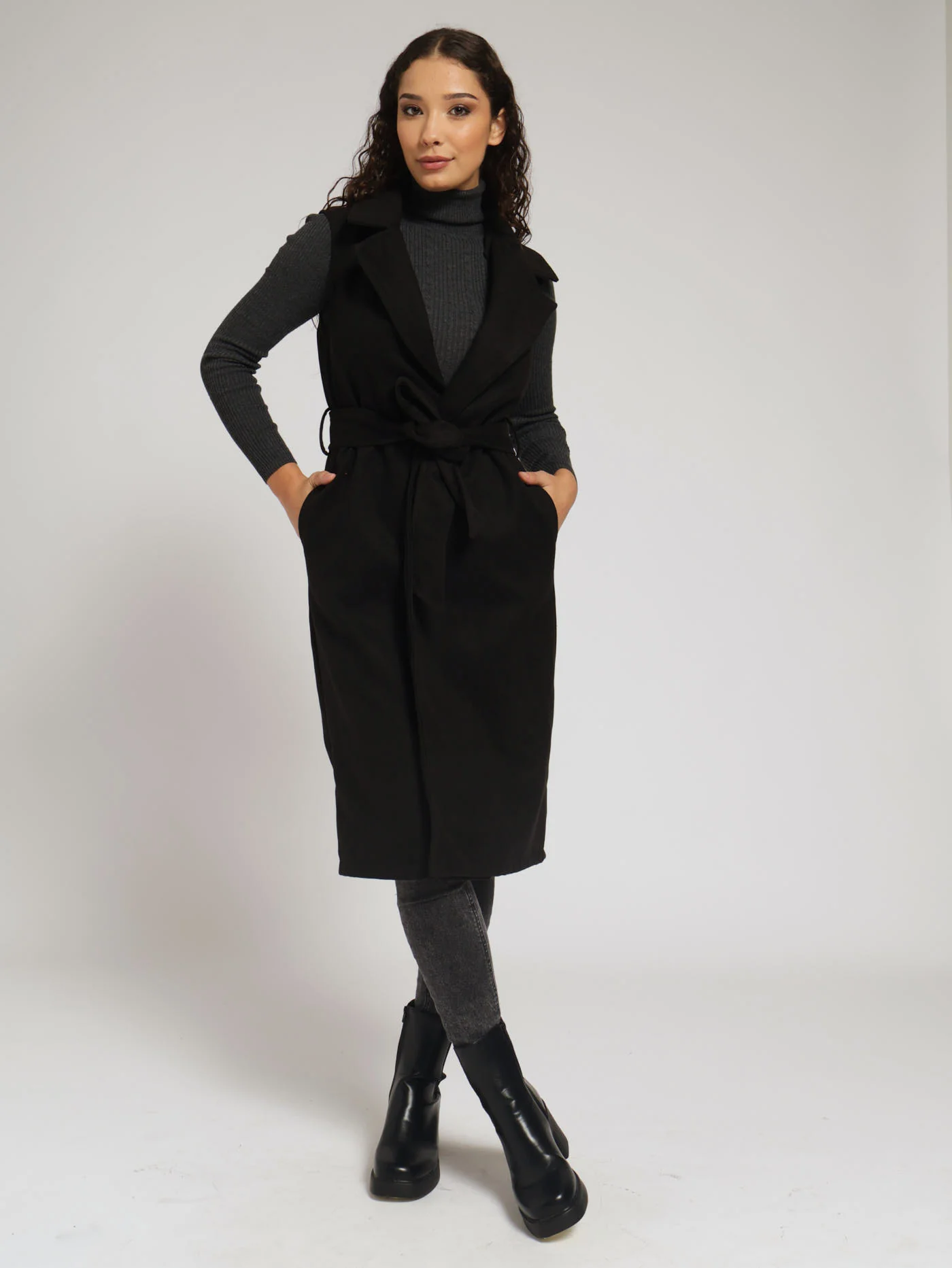 Sleeveless Belted Melton Coat - Black - Image 2