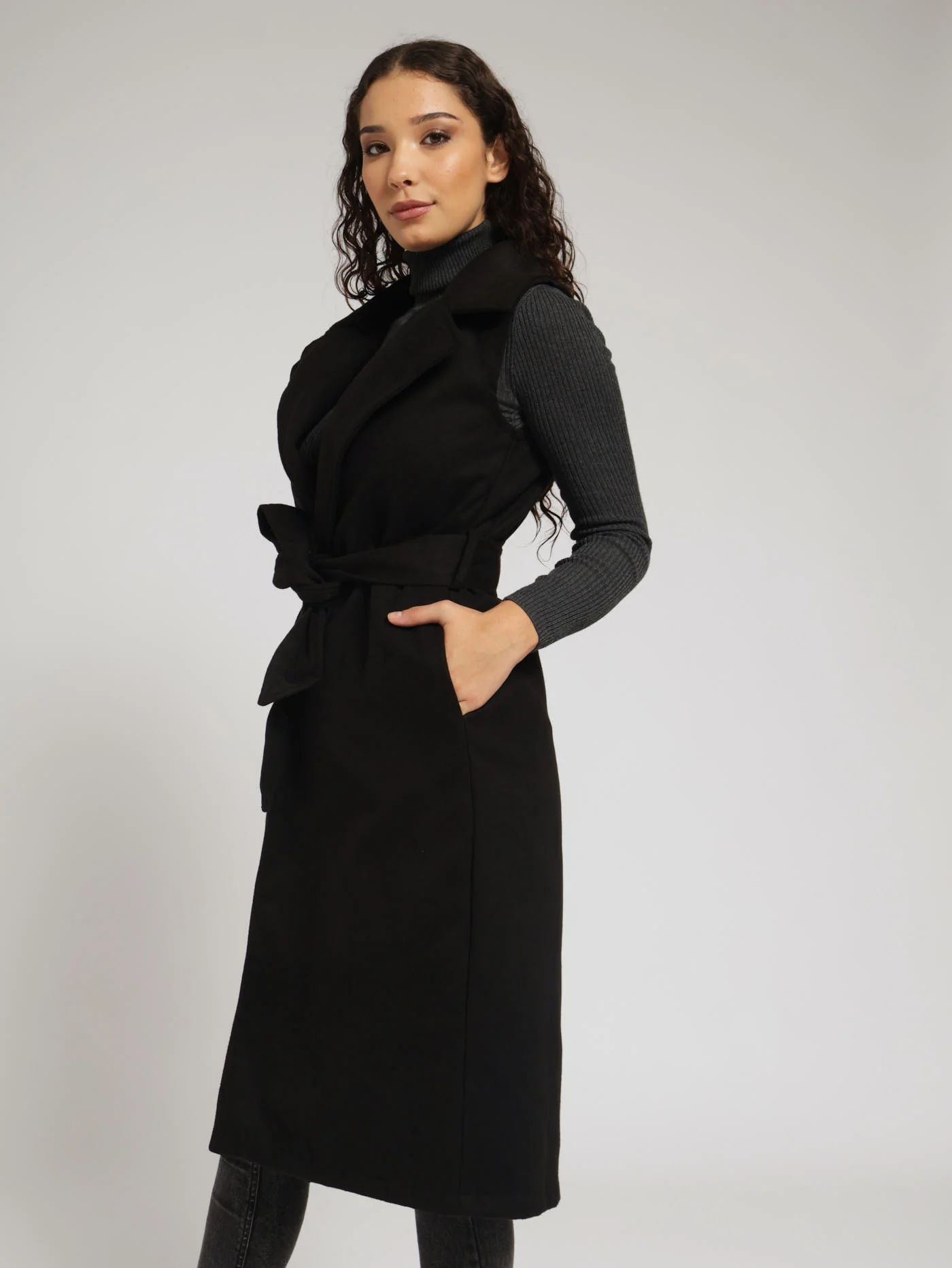 Sleeveless Belted Melton Coat - Black - Image 3