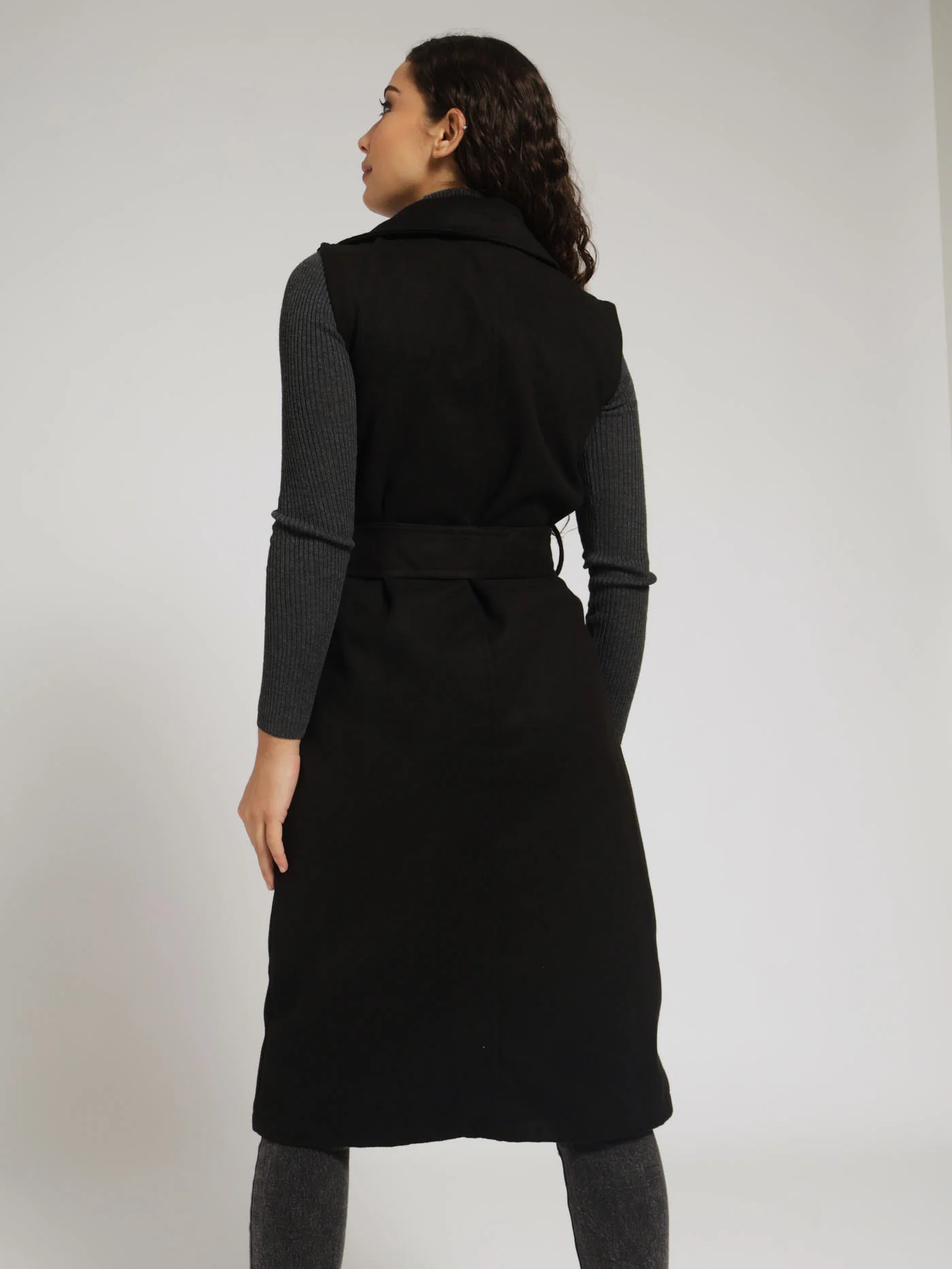 Sleeveless Belted Melton Coat - Black - Image 4