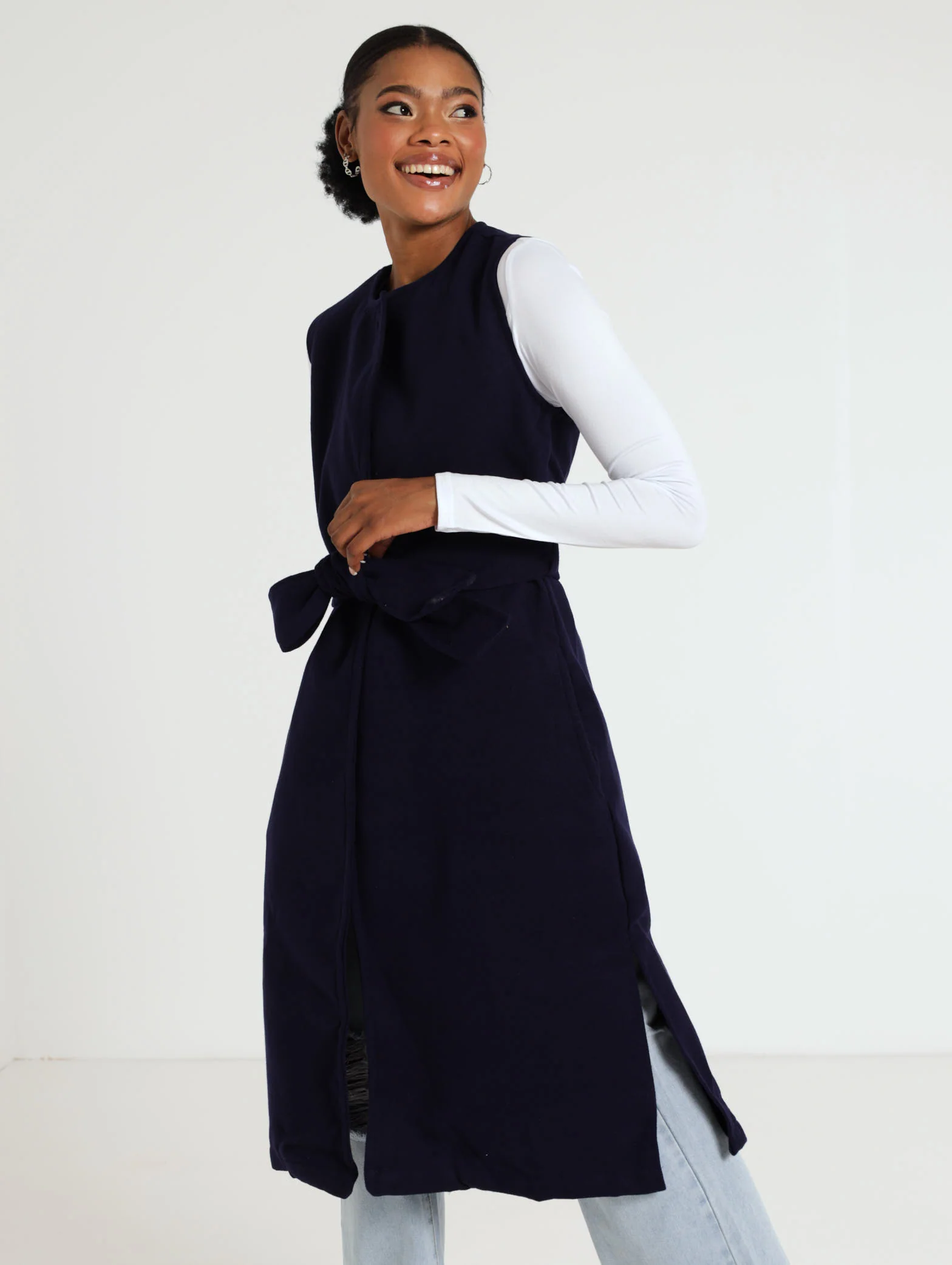 Sleeveless Belted Melton Jacket - Navy - Image 2